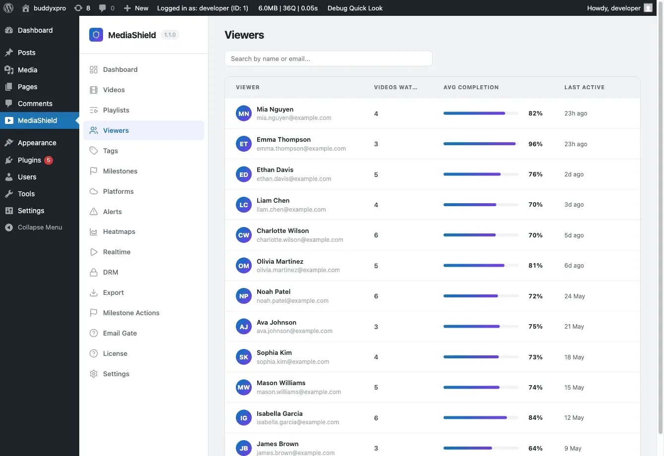 MediaShield Viewers page listing 12 students with completion progress bars and last-active timestamps
