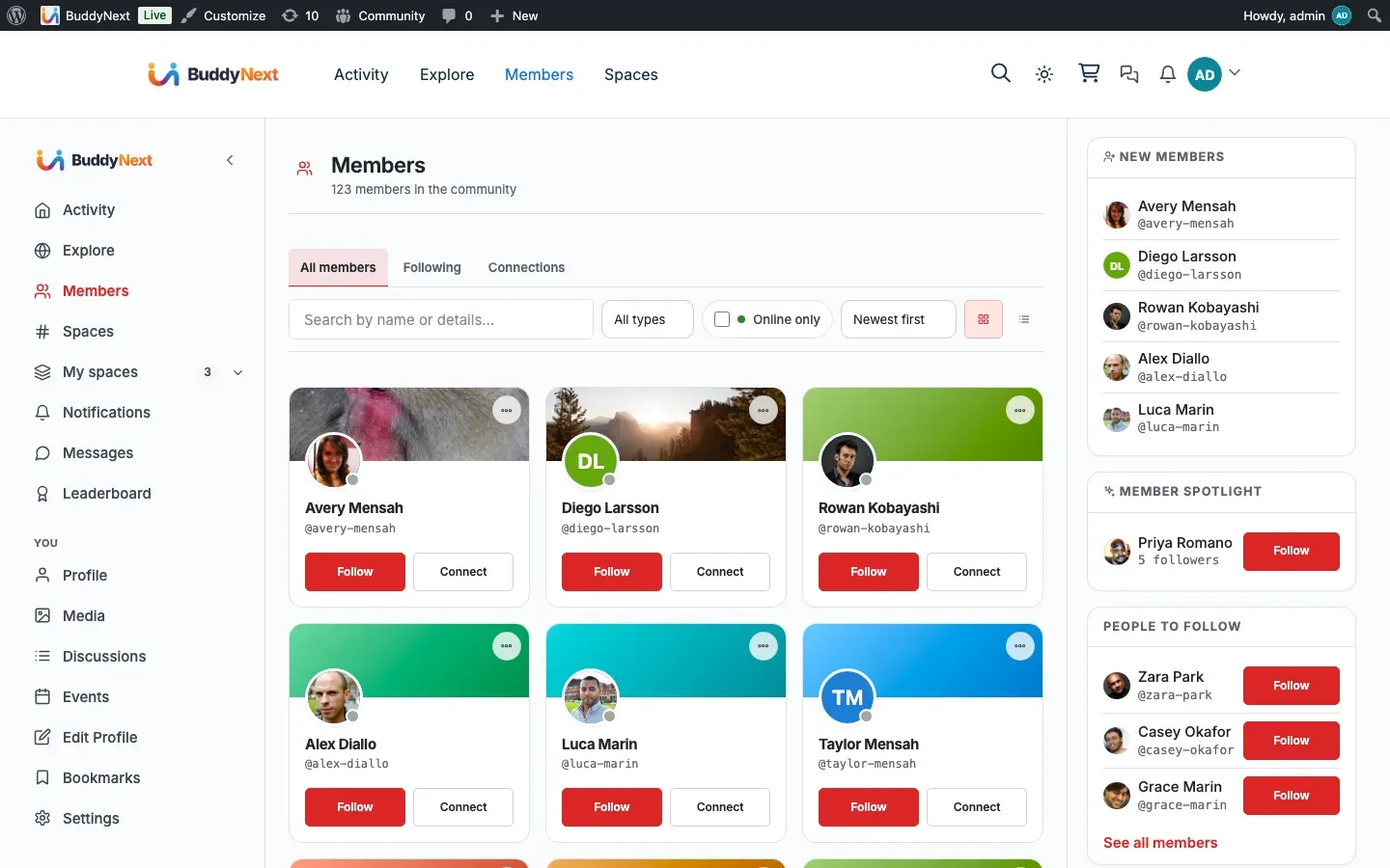 The member directory shaped by the same member and social-graph hook seams