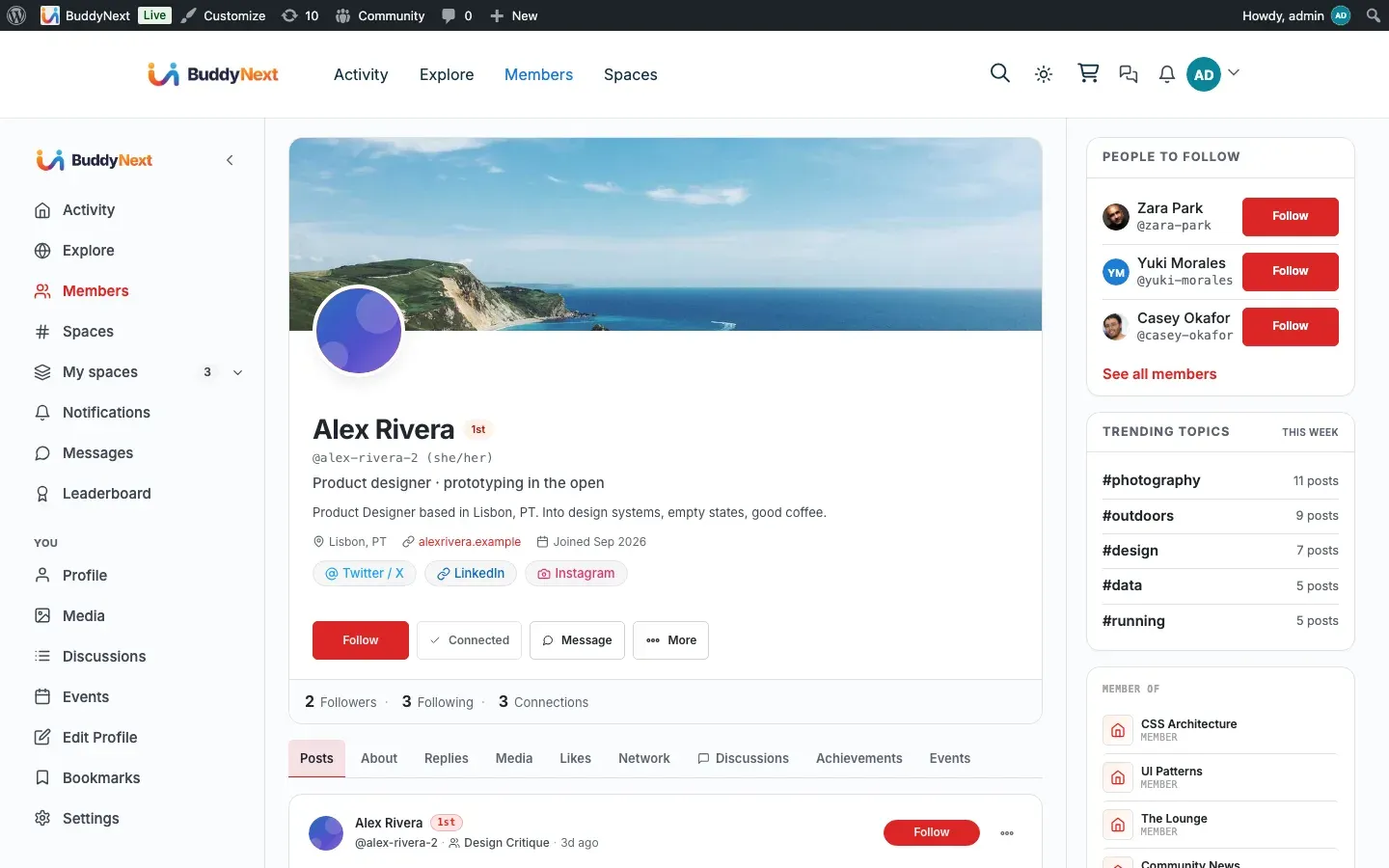 Member privacy and data controls on a BuddyNext profile