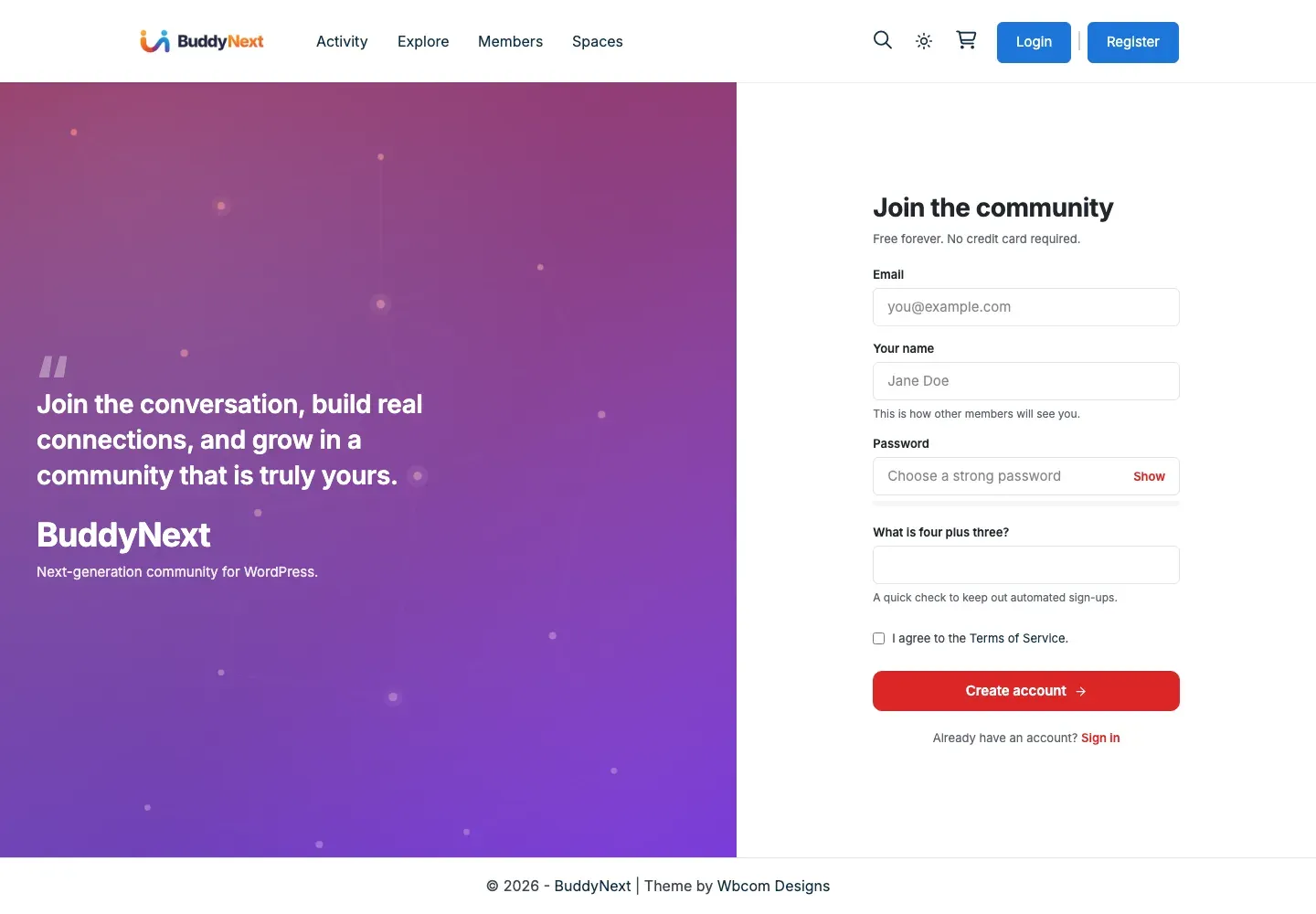 The BuddyNext sign-up screen with a welcome panel and a short registration form