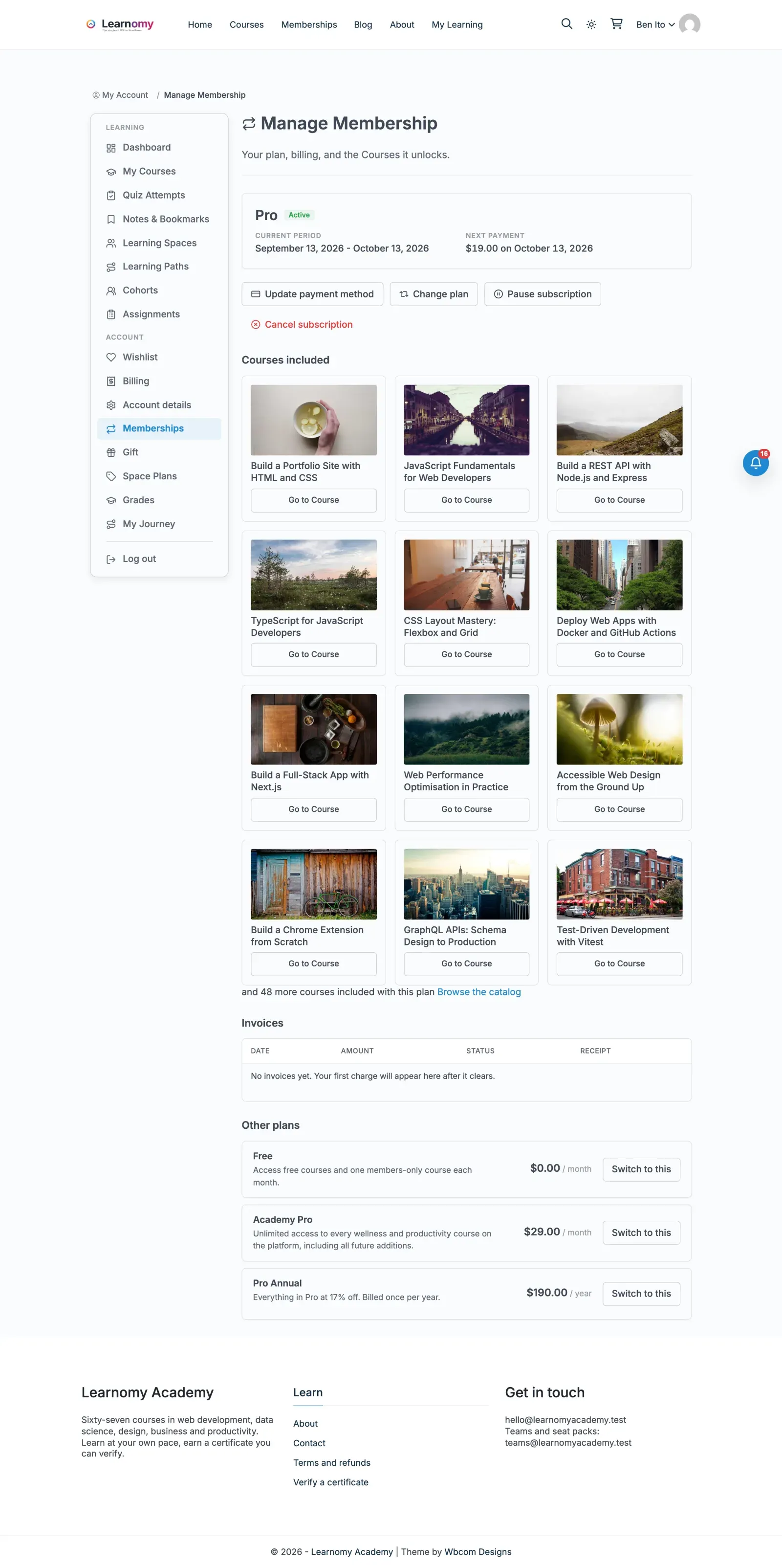 Membership manage page