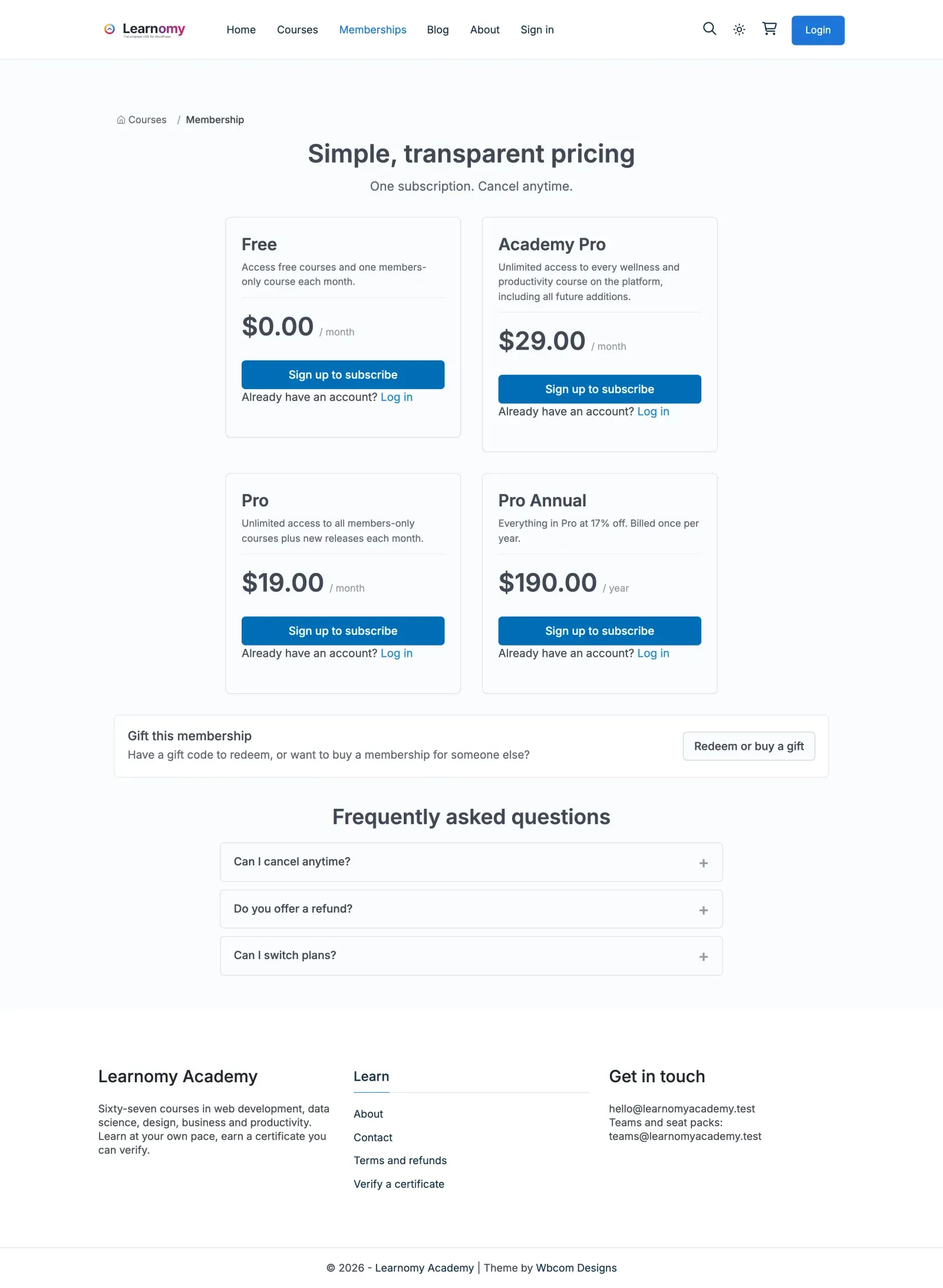 Membership pricing page