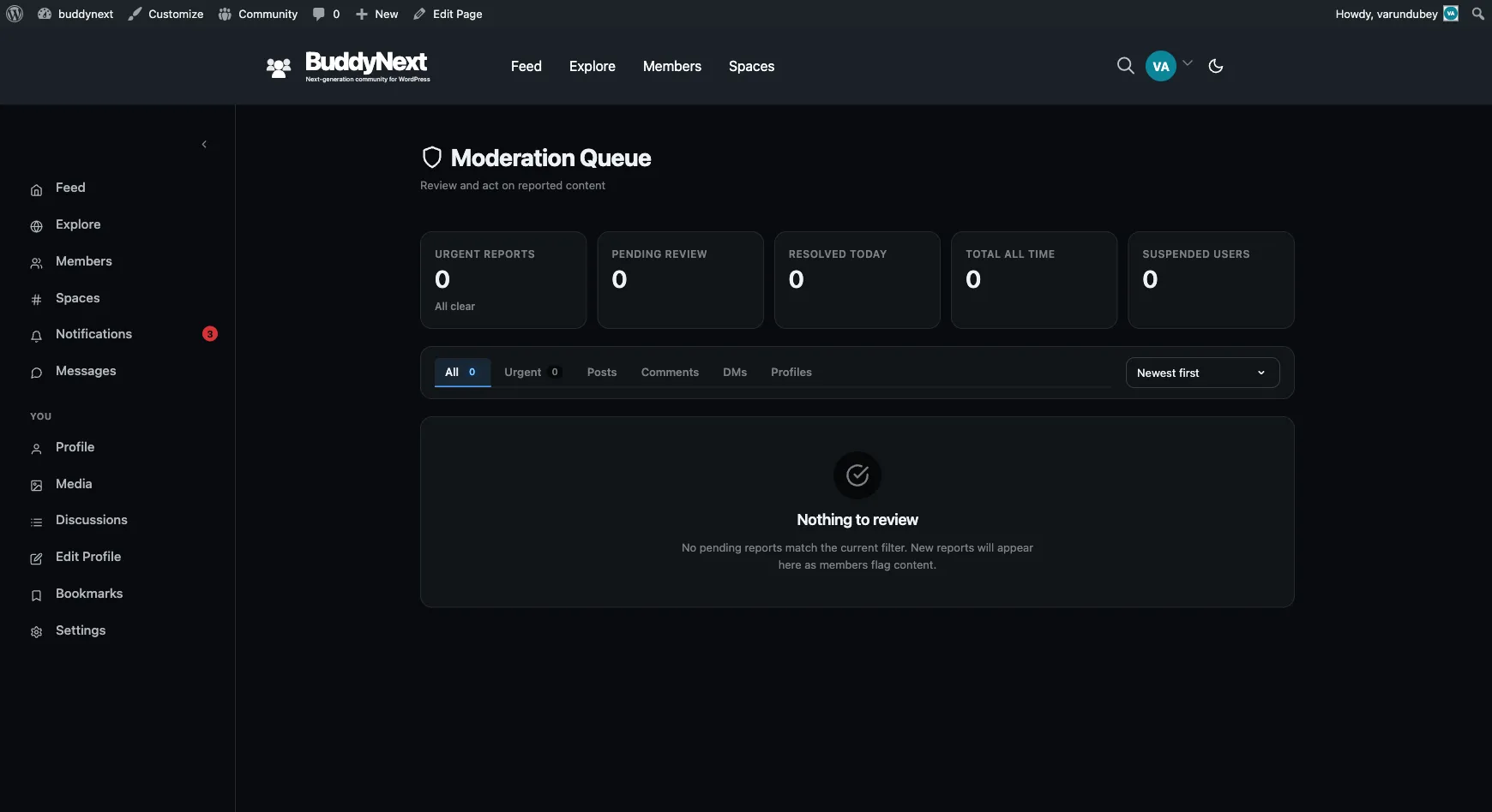 The BuddyNext moderation queue holding posts flagged by content safeguards