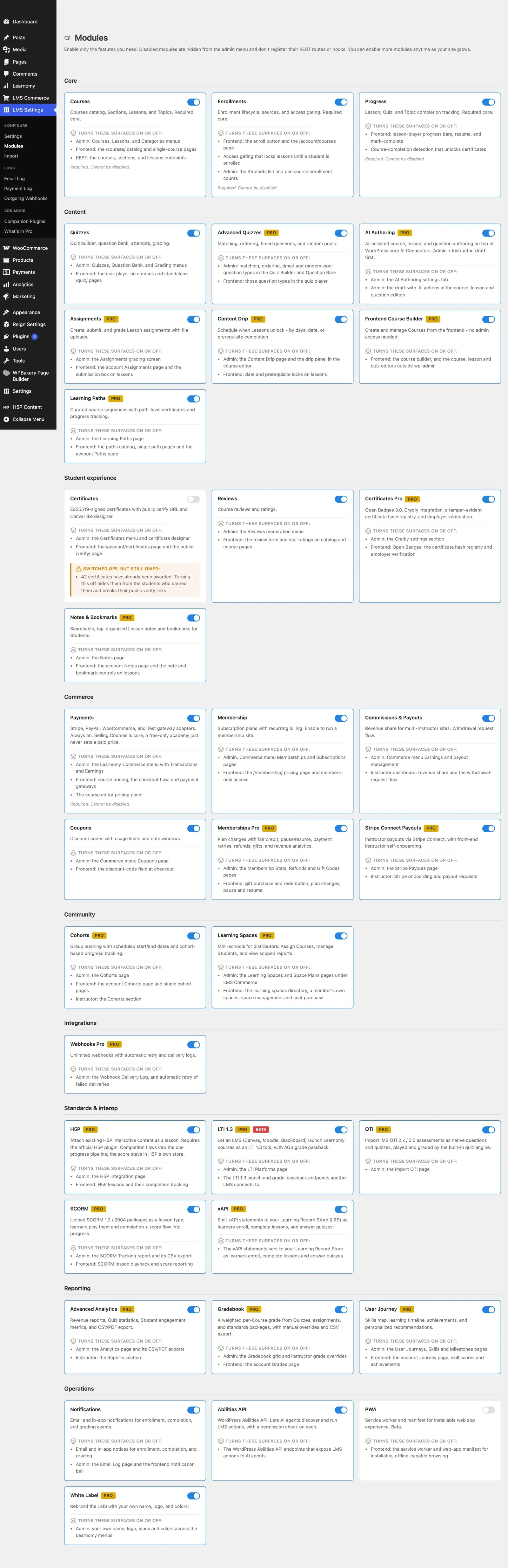 Modules page showing module grid