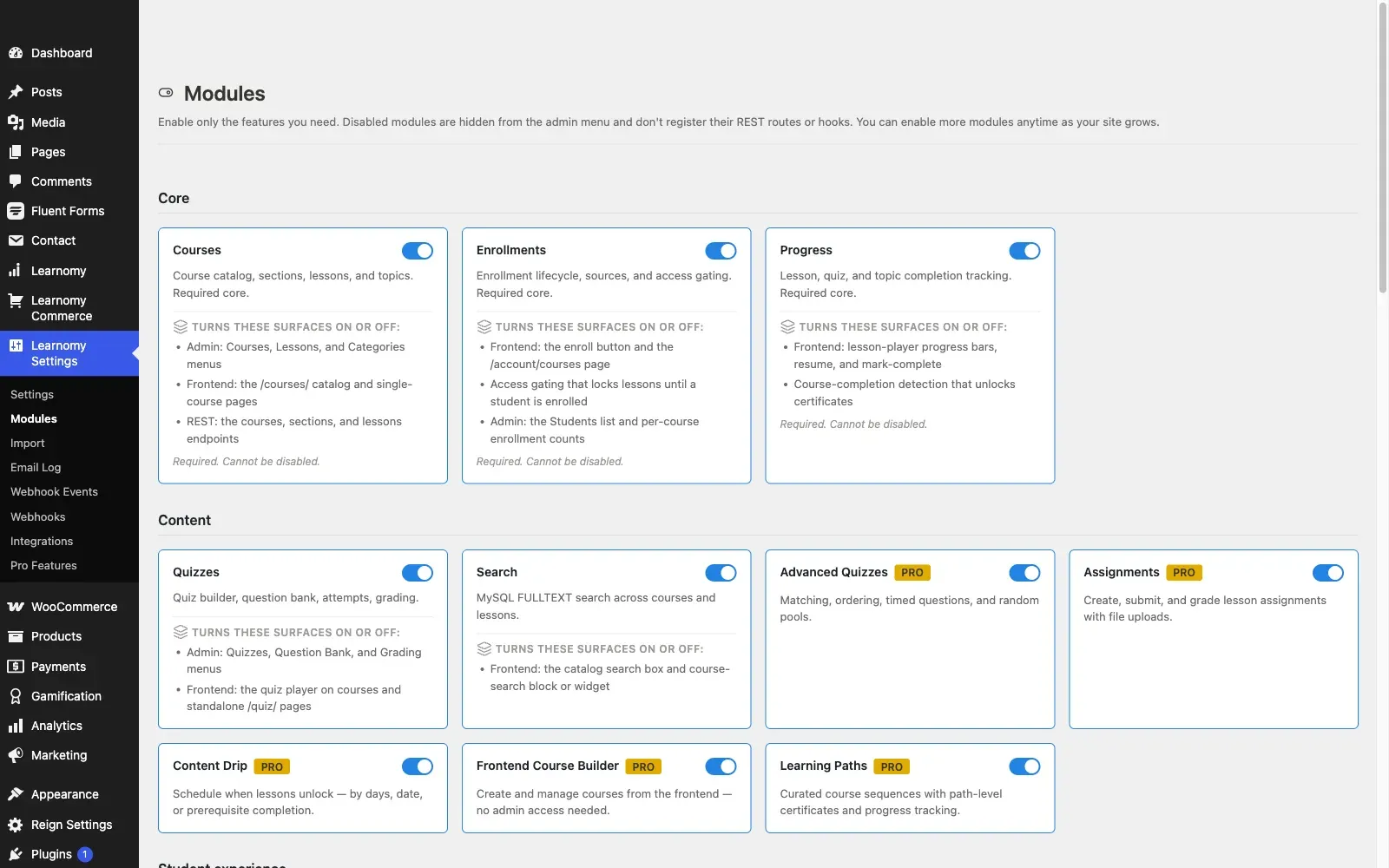 The Learnomy modules screen