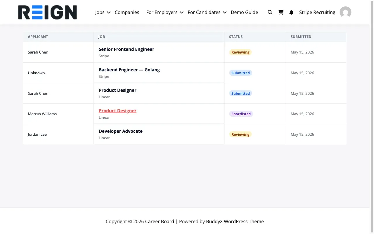 My Applications block - employer view with Applicant column