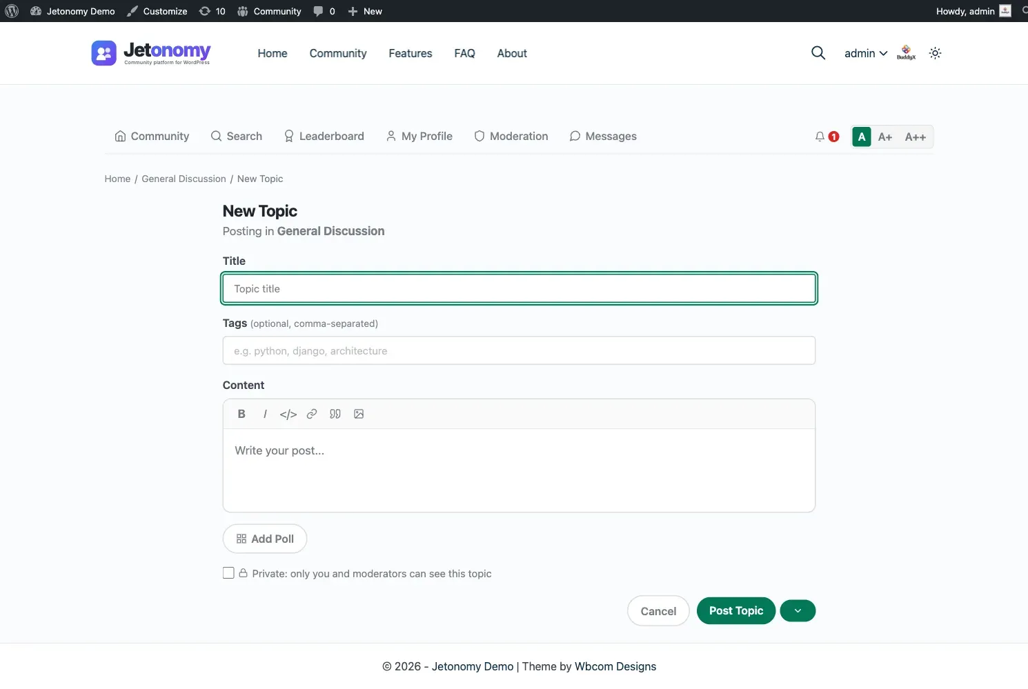 New post form with title, content editor, tags, and publish options