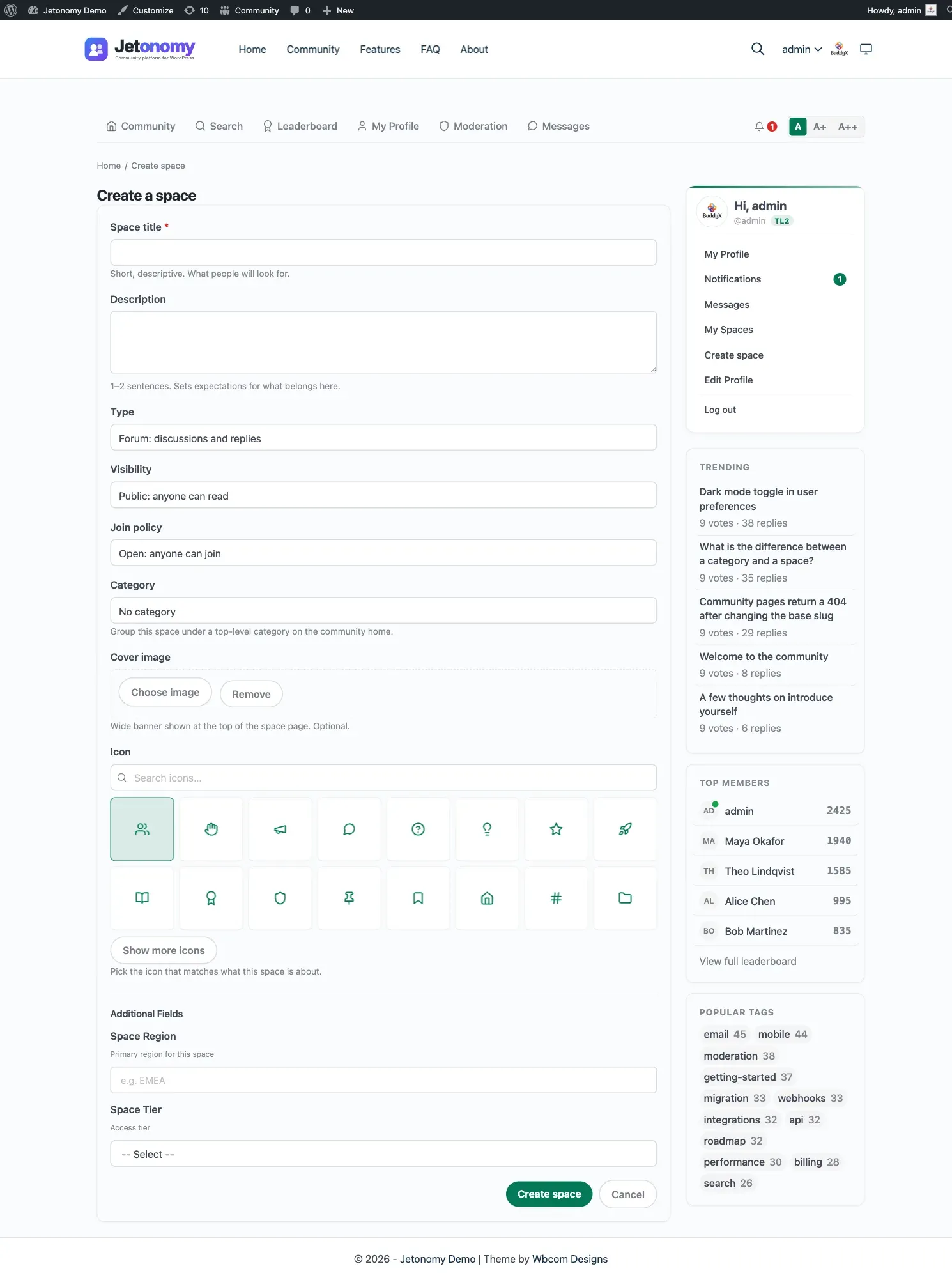 Front-end Create Space form at /community/new-space/ showing the Title, Description, Type, Visibility, Join policy, Category, and Icon fields