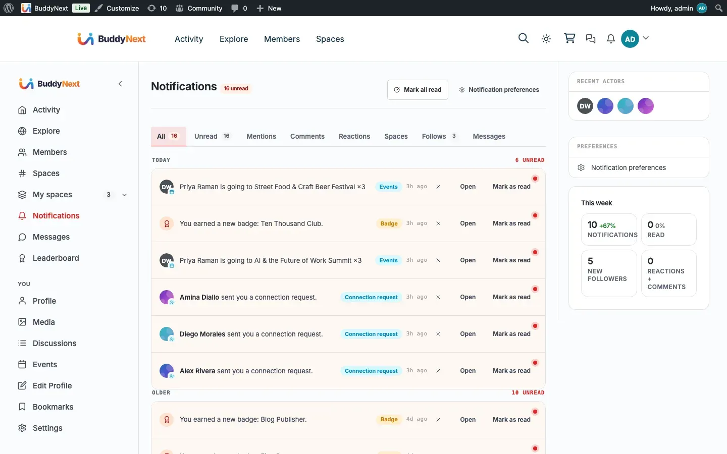 The notifications inbox and bell driven by the notification REST routes documented here