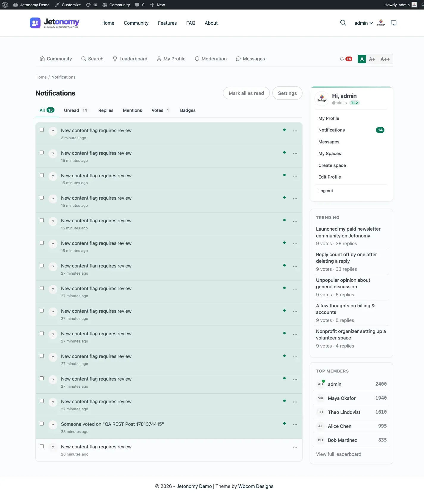 Notifications panel showing recent activity alerts and unread count