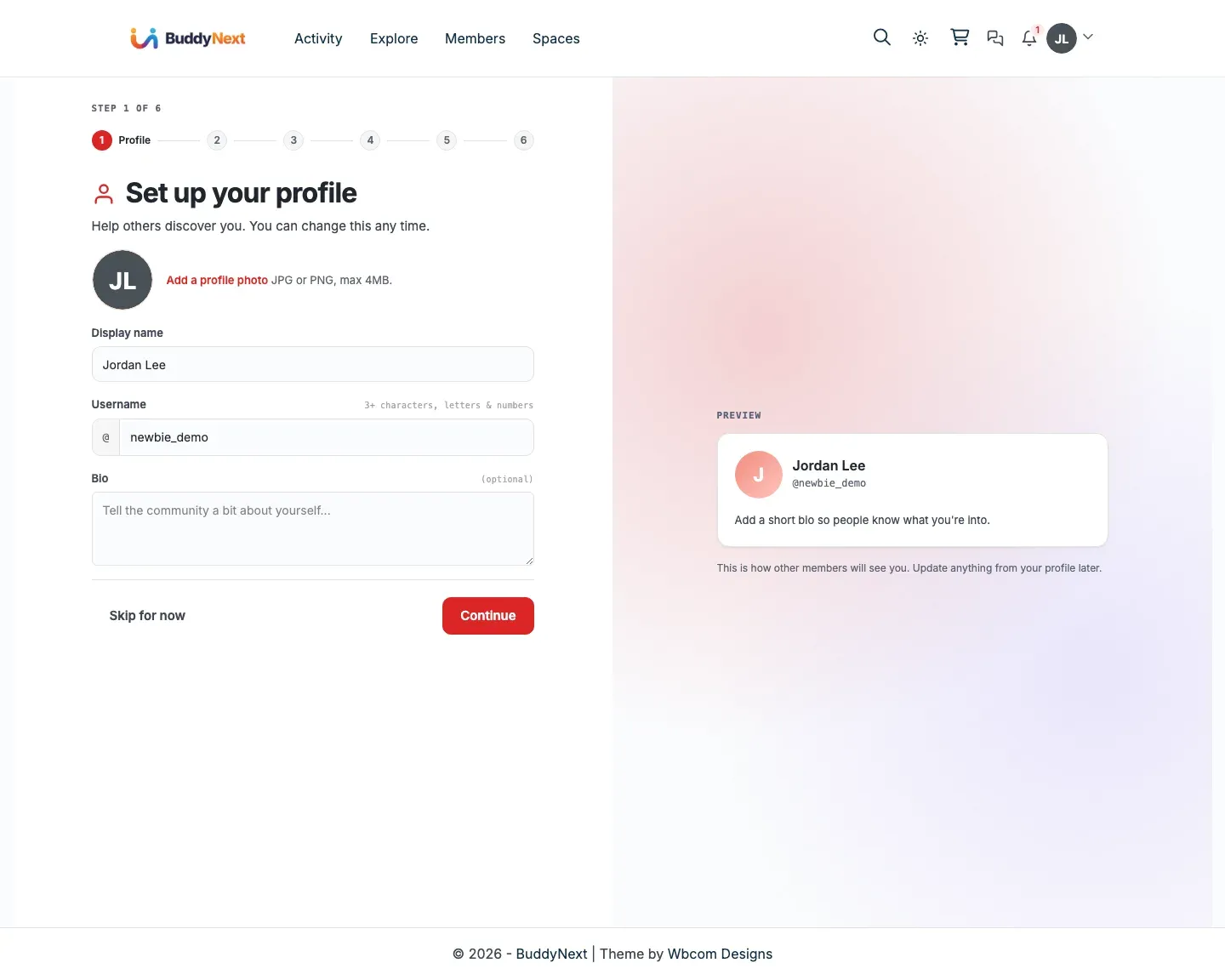 Onboarding step 1: set up your profile, with a live preview of the member card
