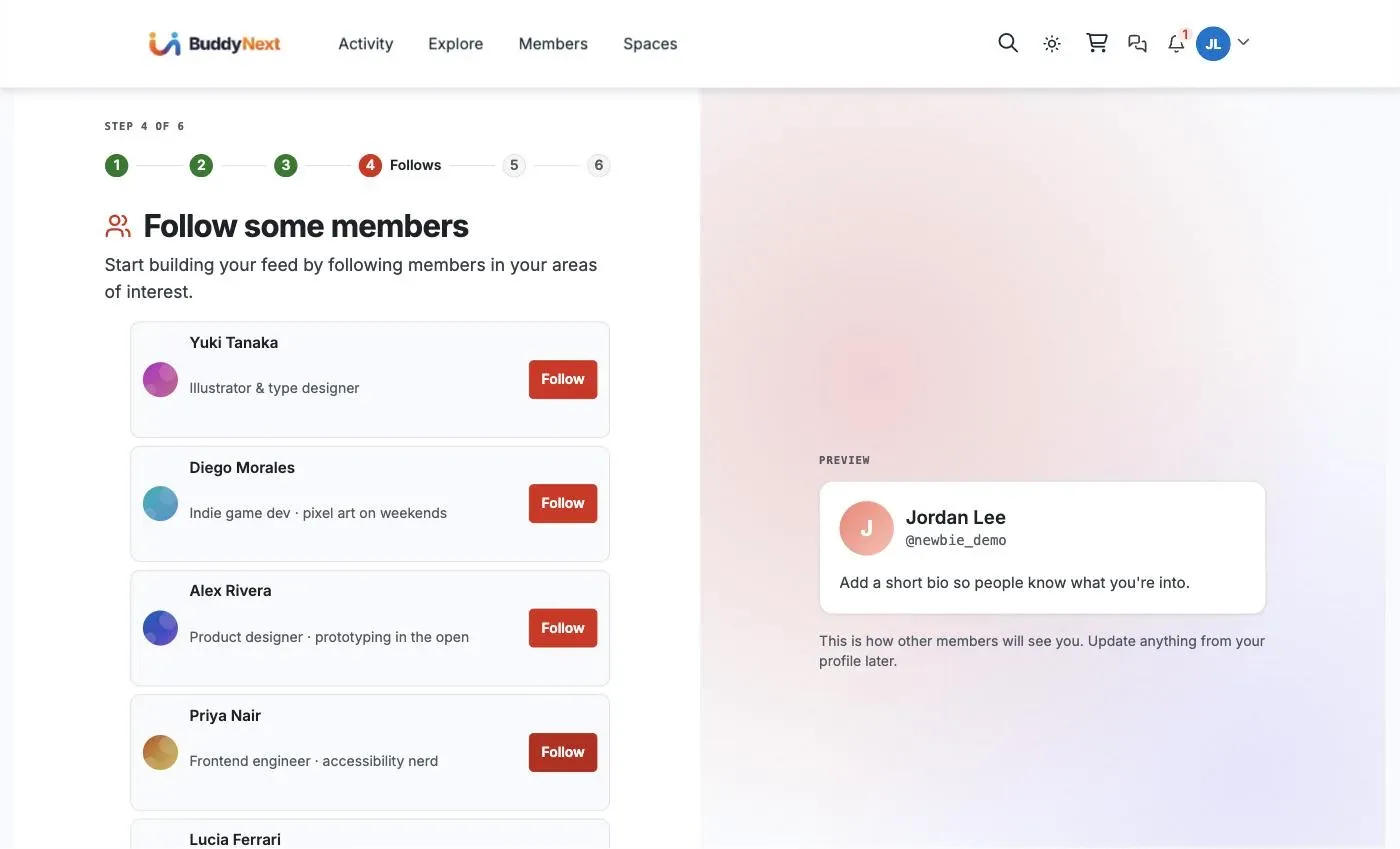 Onboarding step 4: follow suggested members to build a feed