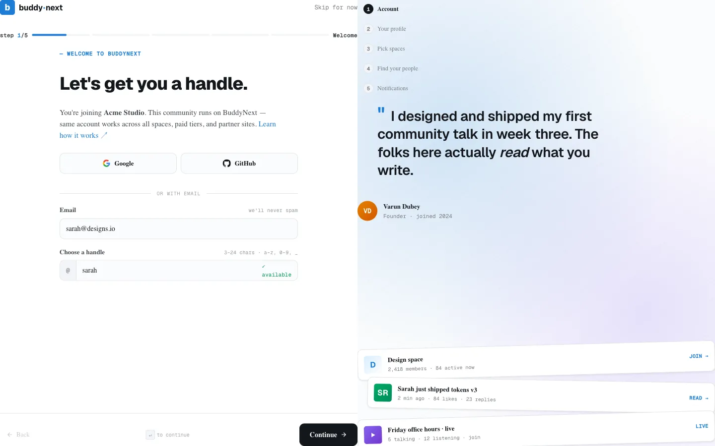 New member completing the BuddyNext sign-up and onboarding flow