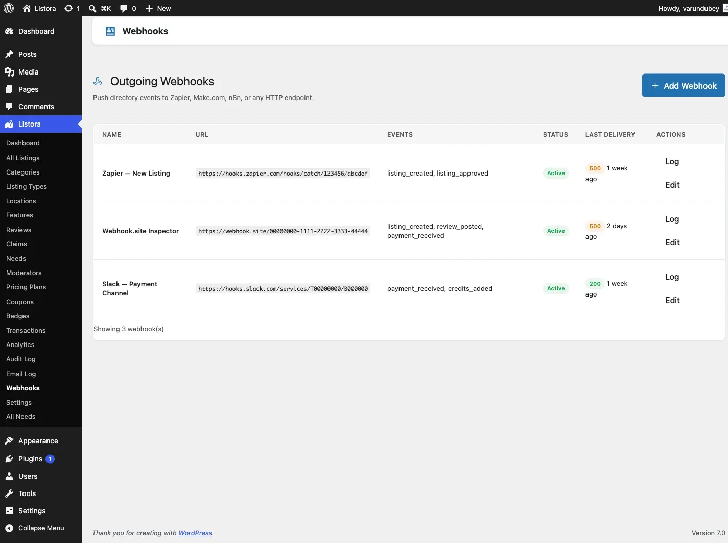 Payment Webhooks - settings tab showing endpoint URL, secret, and last-received log