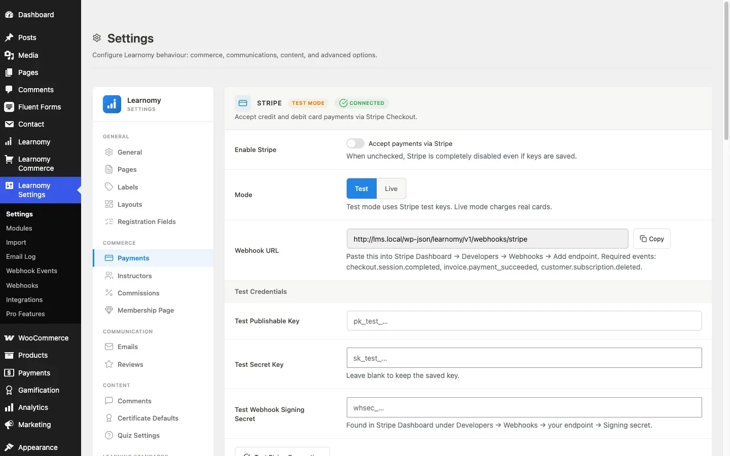 Learnomy payment gateway settings
