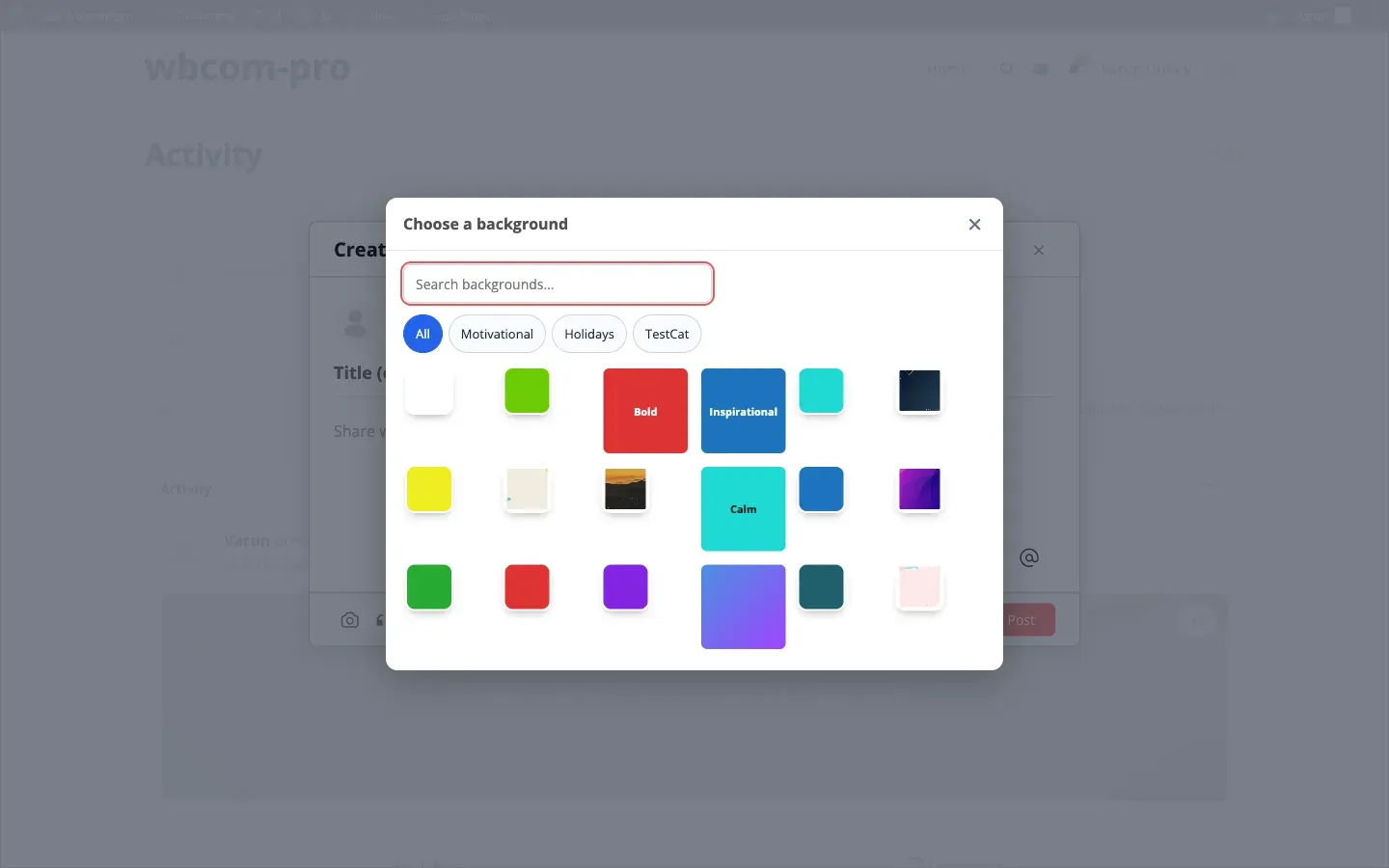 The quote picker modal open inside the BuddyPress activity composer, showing a grid of backgrounds with a search field and category tabs at the top.