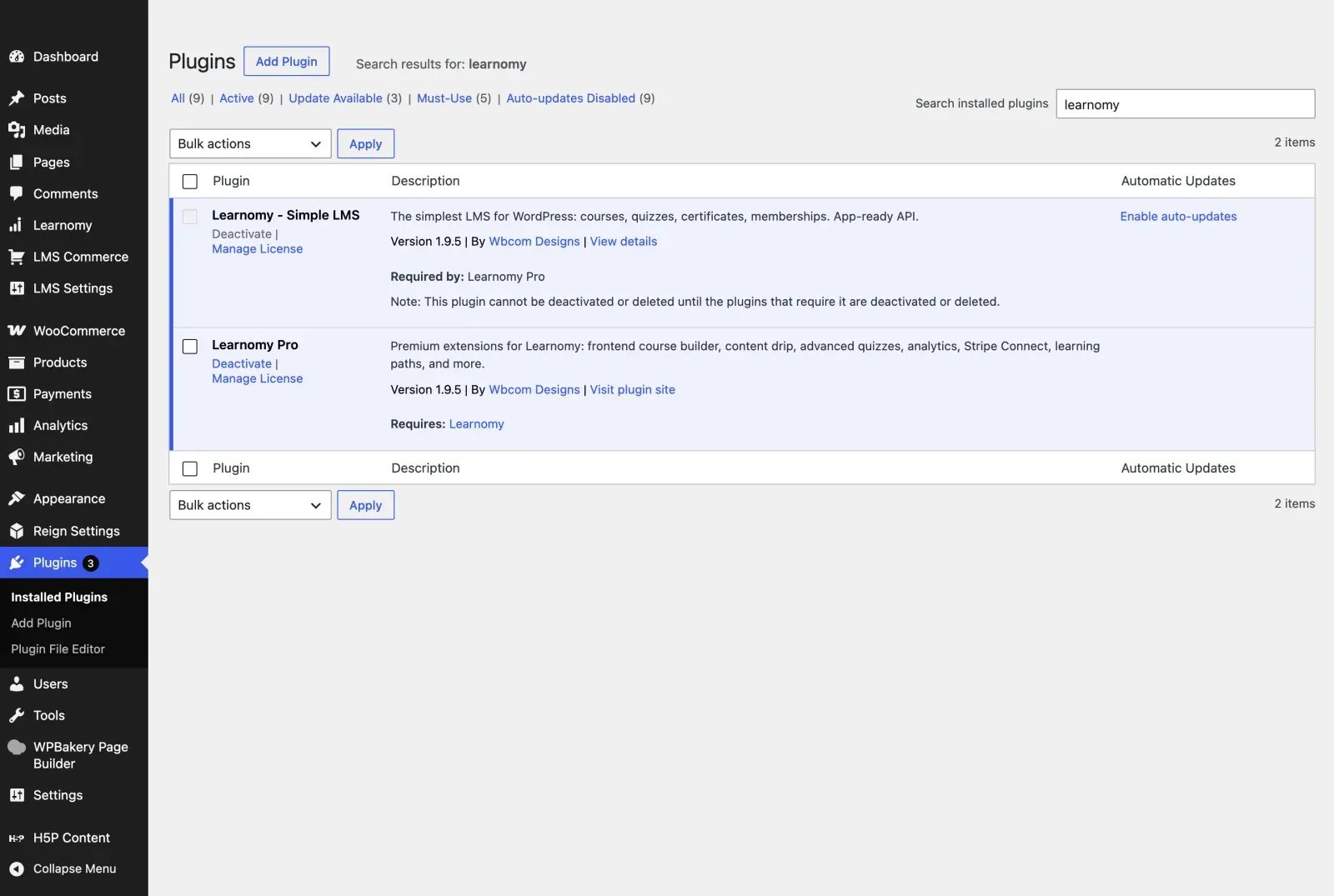 Learnomy active on the WordPress Plugins screen