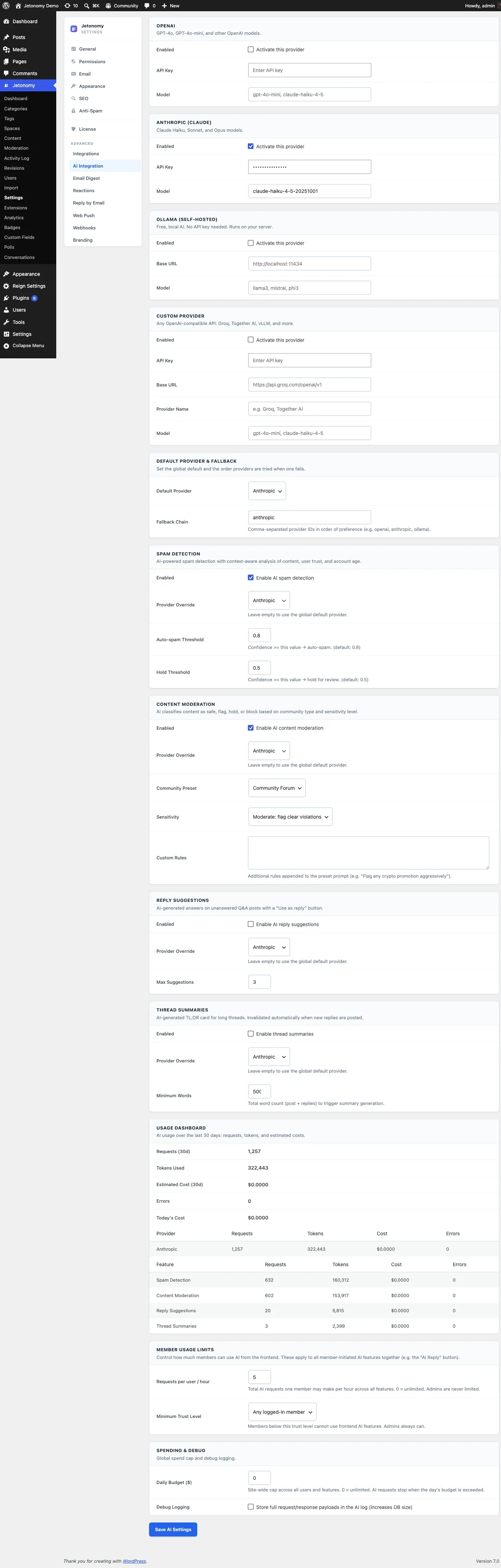 The AI Integration settings tab: provider activation (OpenAI, Anthropic, Ollama, Custom), the default-provider fallback chain, per-feature toggles for spam detection, content moderation, reply suggestions and thread summaries, the live usage dashboard, member usage limits, and the monthly spend cap