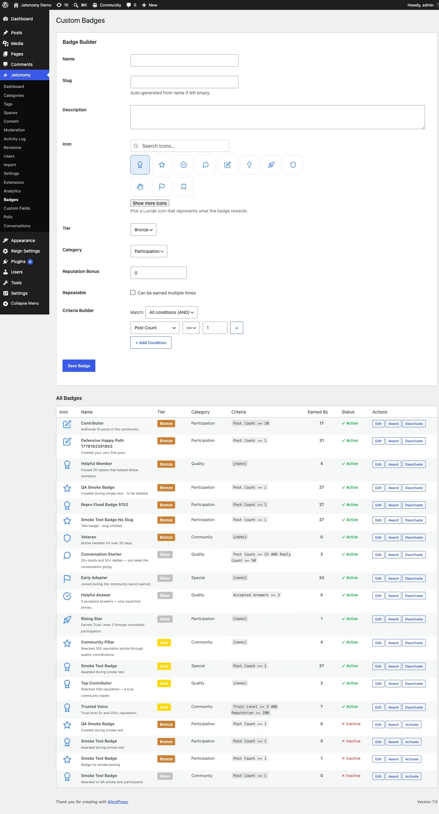Badges displayed on a member profile page