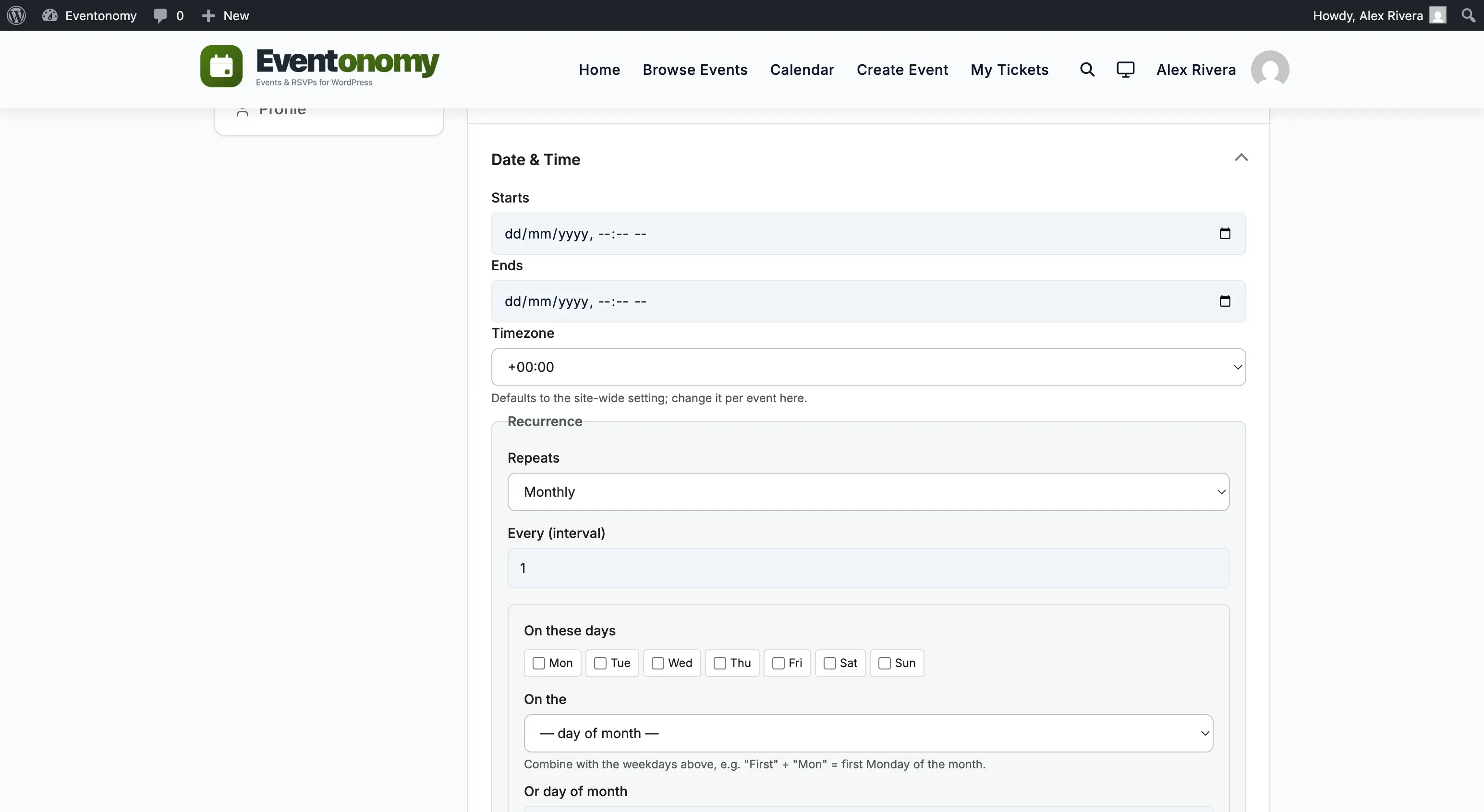 Event editor ticket row with the early-bird price and end date fields