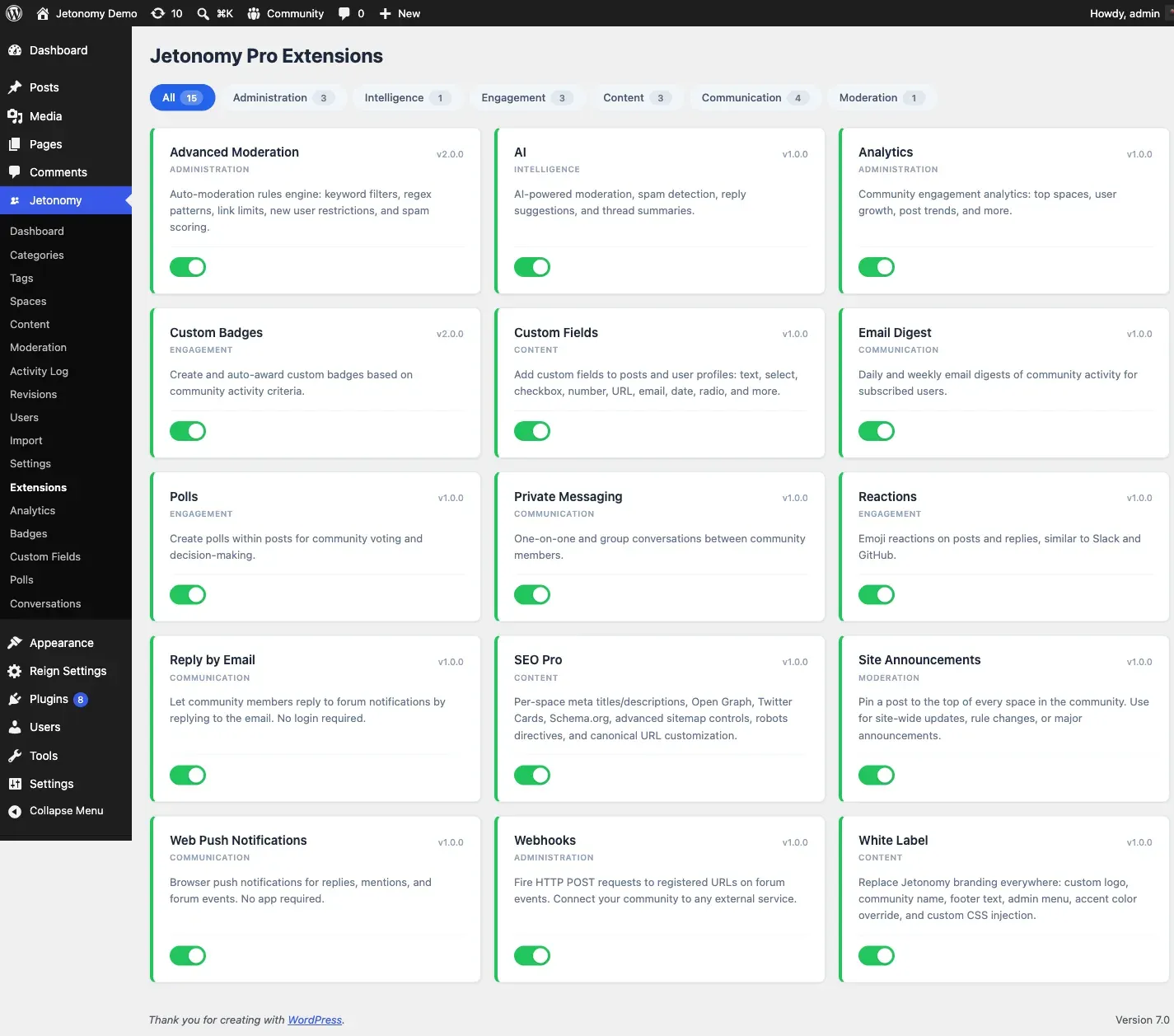 Extensions screen showing the Pro extension cards in a grid with category filters and on/off toggles