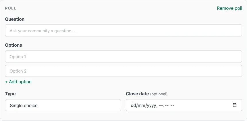The poll builder open in the post composer, with the option list, the single/multiple choice selector, and the optional close-date field