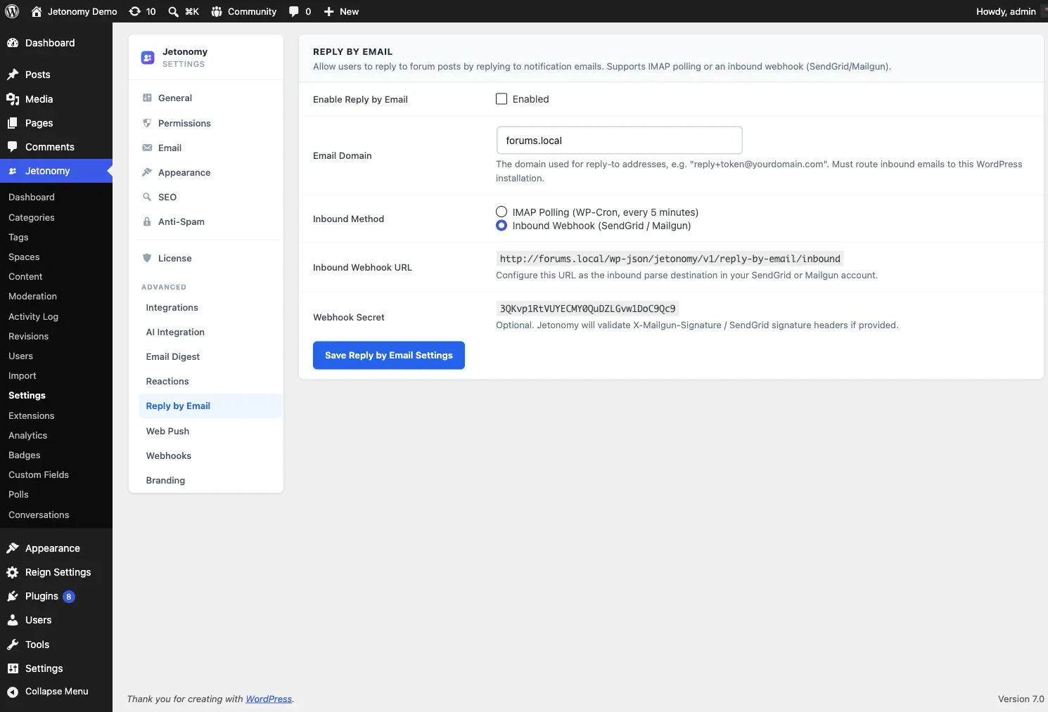 The Jetonomy, Settings, Reply by Email screen, showing the Inbound Endpoint URL and the reply domain field