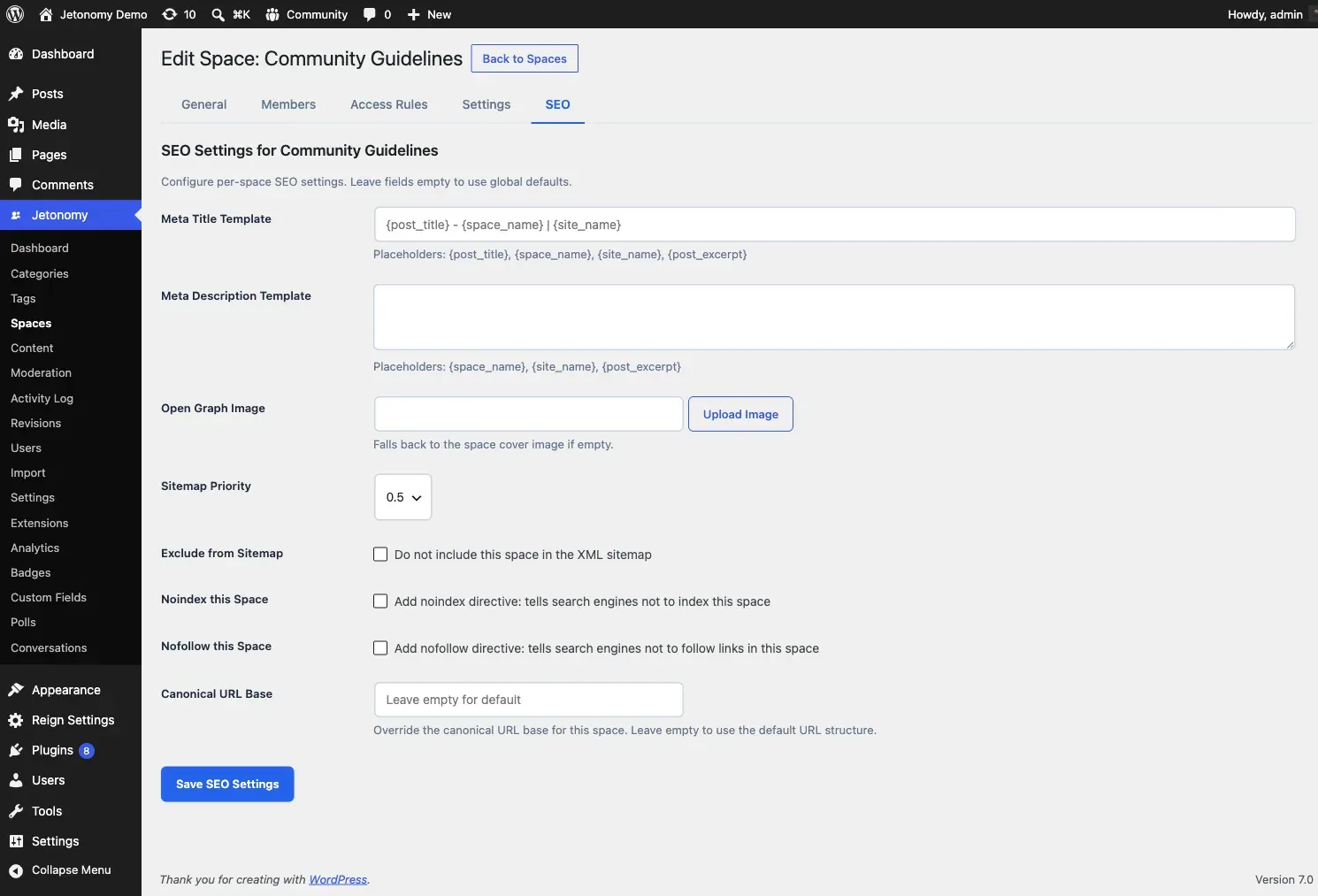 The SEO tab inside a space’s settings panel, showing the meta title, meta description, and Open Graph image fields