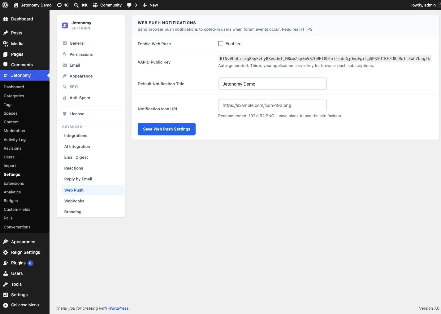 Web Push settings page with VAPID key fields and enable toggle