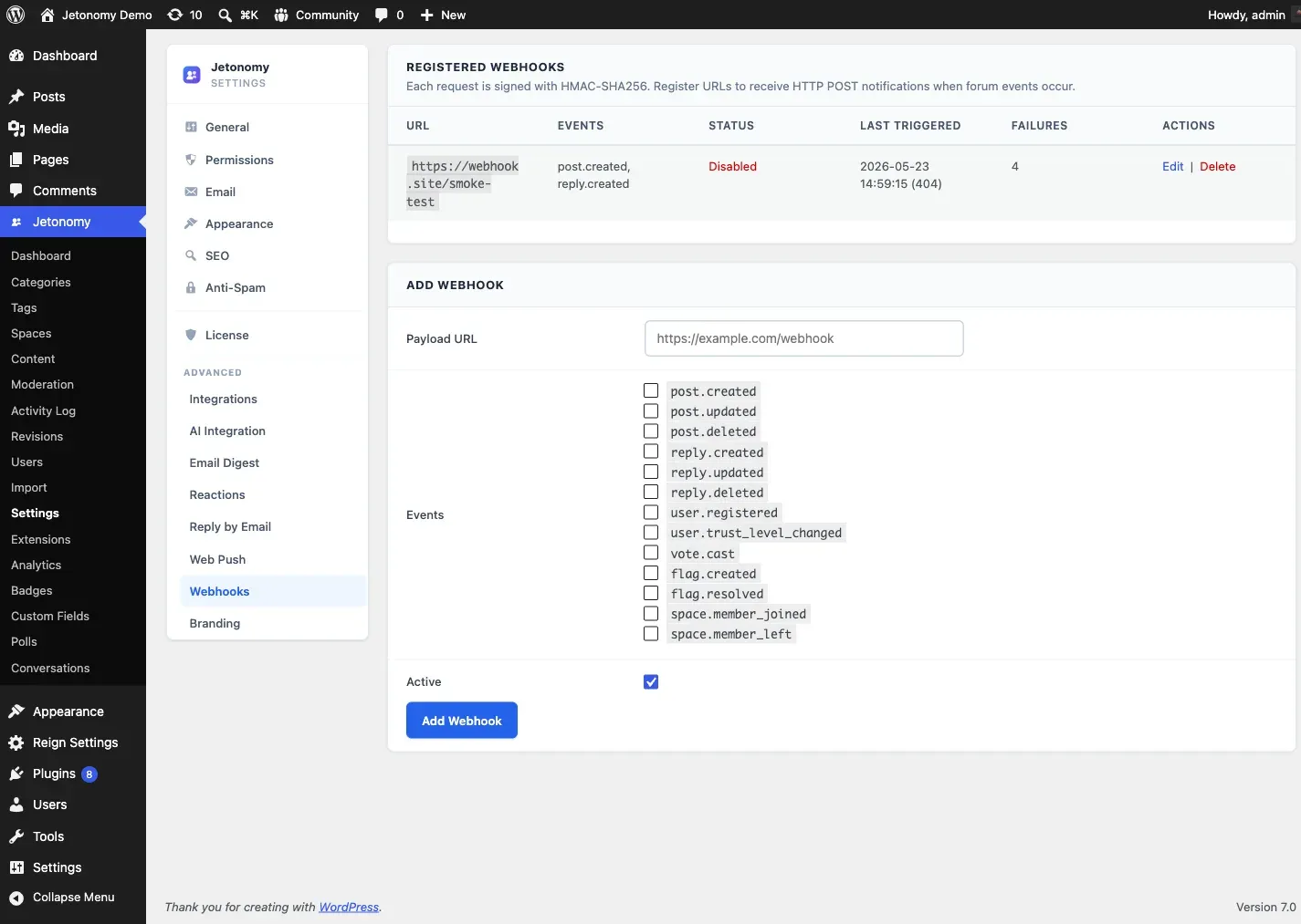 Webhook management page listing configured endpoints