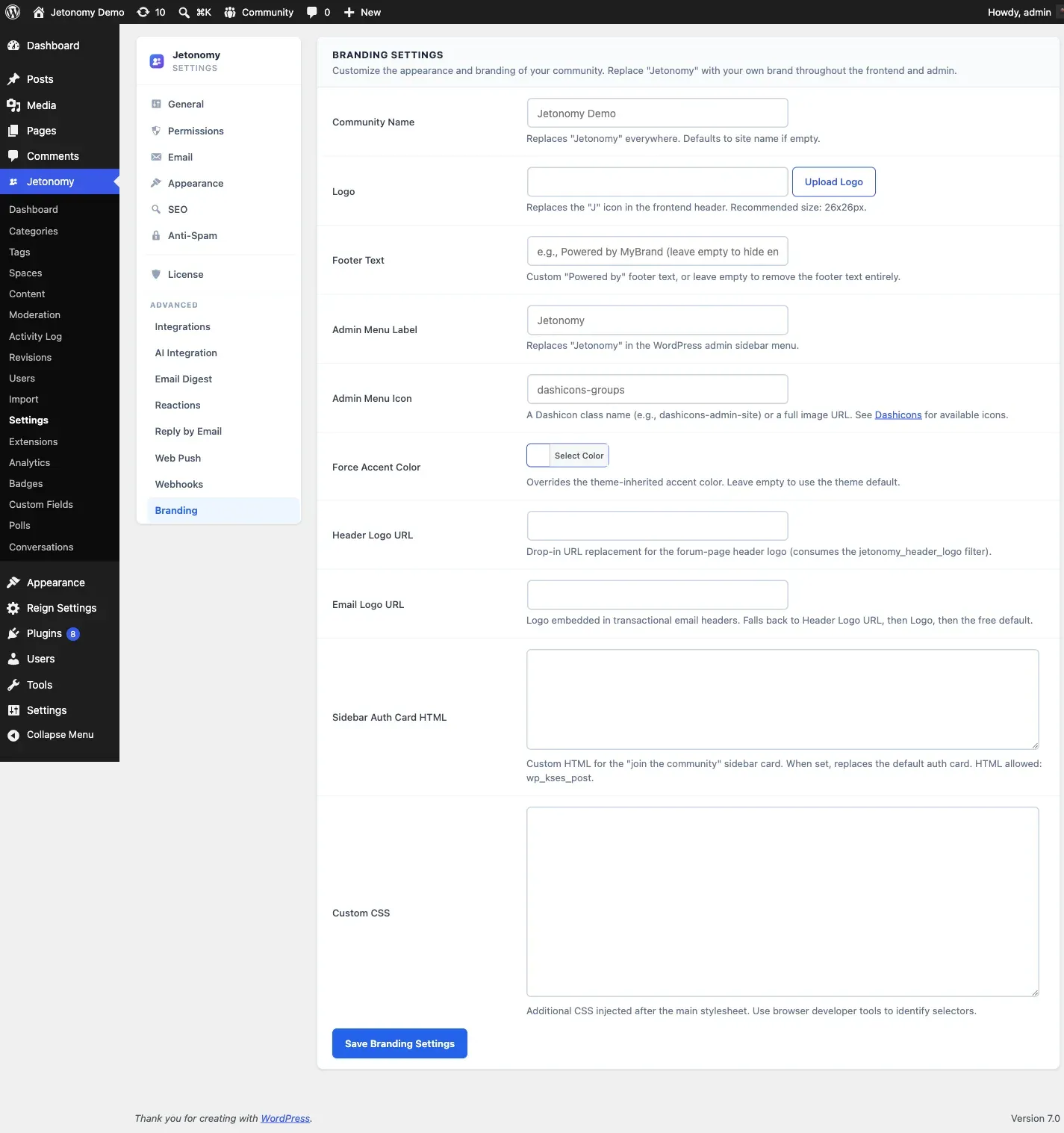 White Label branding settings panel