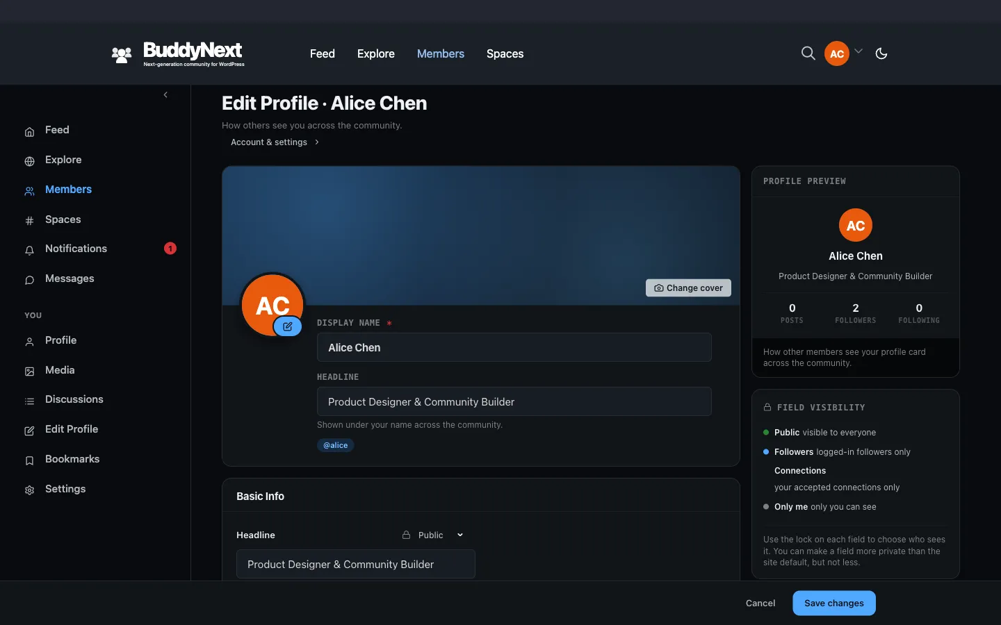 Editing your profile — Change cover and Change photo controls, plus name, headline and bio fields
