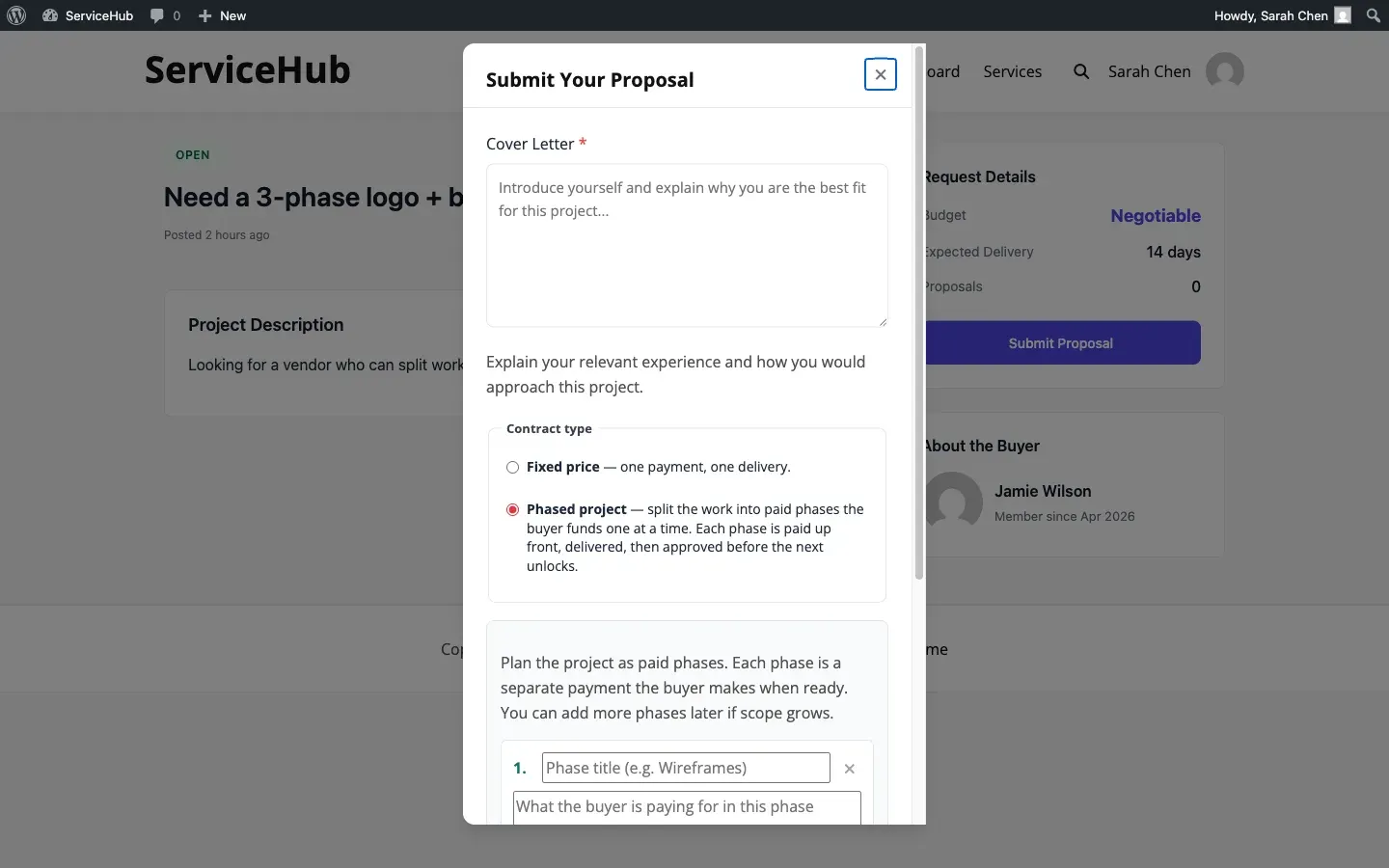 Vendor choosing contract type on the proposal form