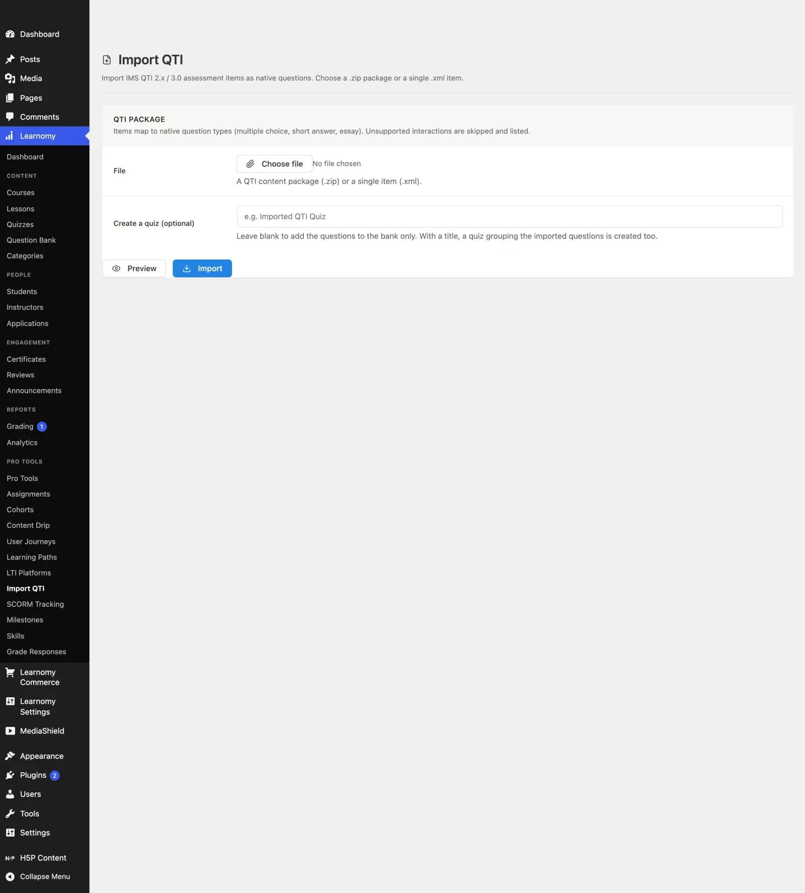 The wp-admin Import QTI screen next to an imported quiz running in the player