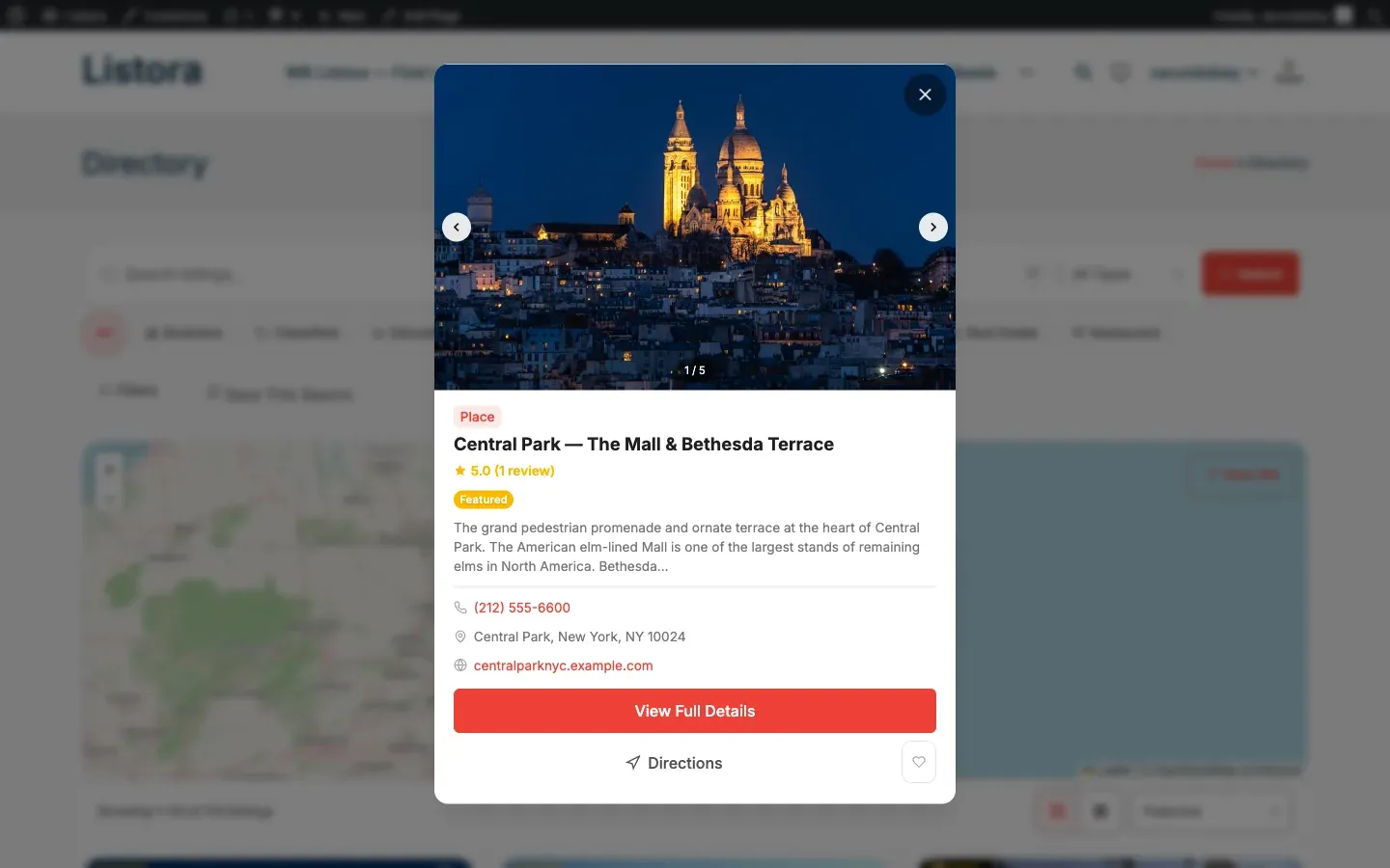 Quick View modal - listing preview overlay on the modernized 1.0.5 directory grid