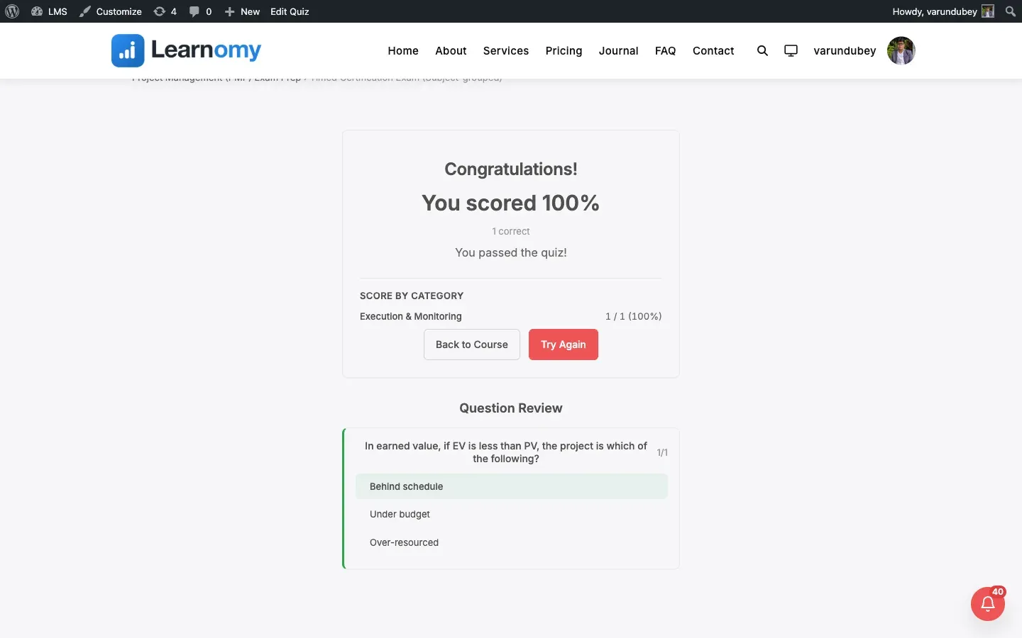 Subject-wise score breakdown on the quiz results screen