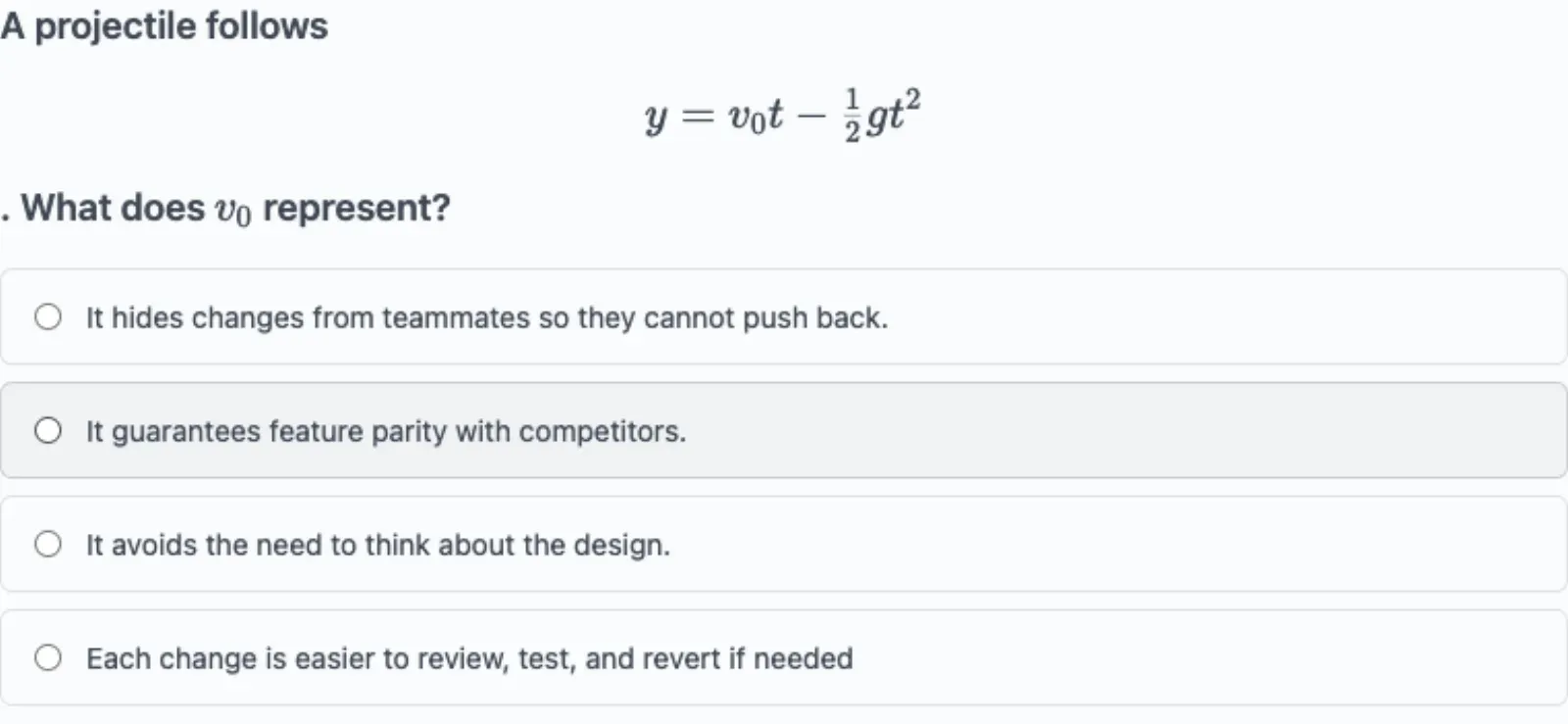 A quiz question with a rendered LaTeX formula in the stem