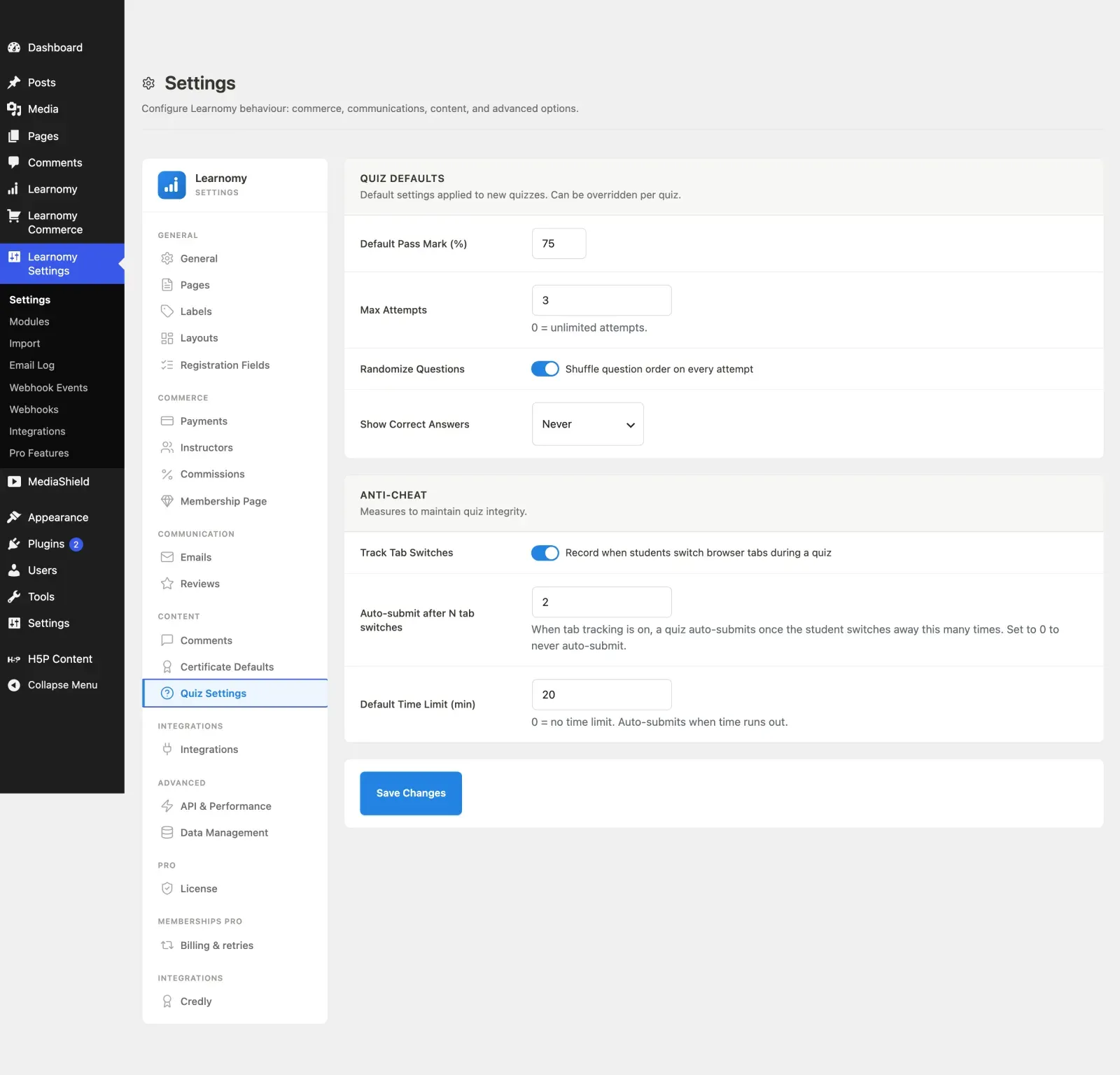The Quiz settings tab showing Track Tab Switches and the Auto-submit after N tab switches field