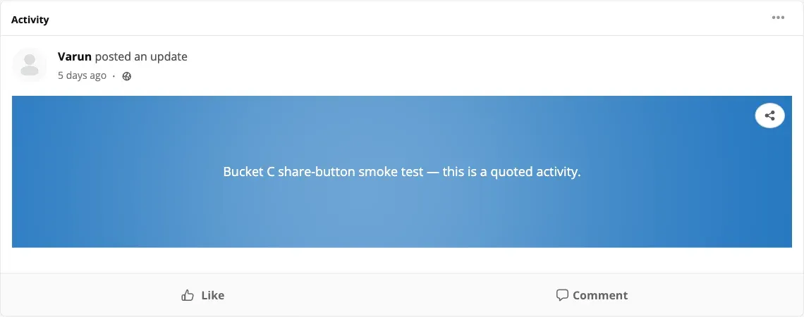 A finished quote card in the activity feed showing text overlaid on a photograph with the share icon visible in the top-right corner of the card.