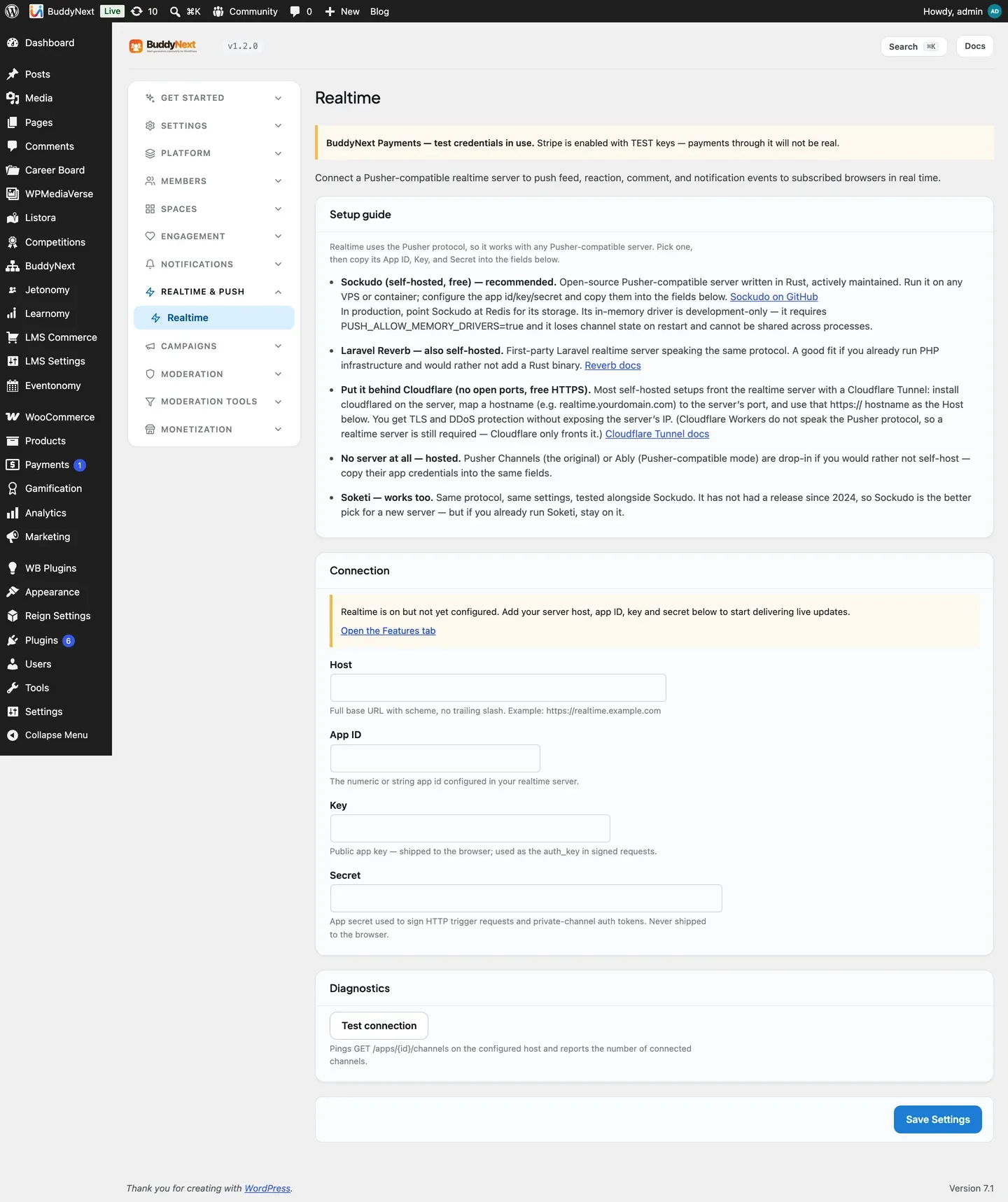 The Realtime settings screen - the server setup guide and the Host, App ID, Key and Secret connection fields with a Test connection button