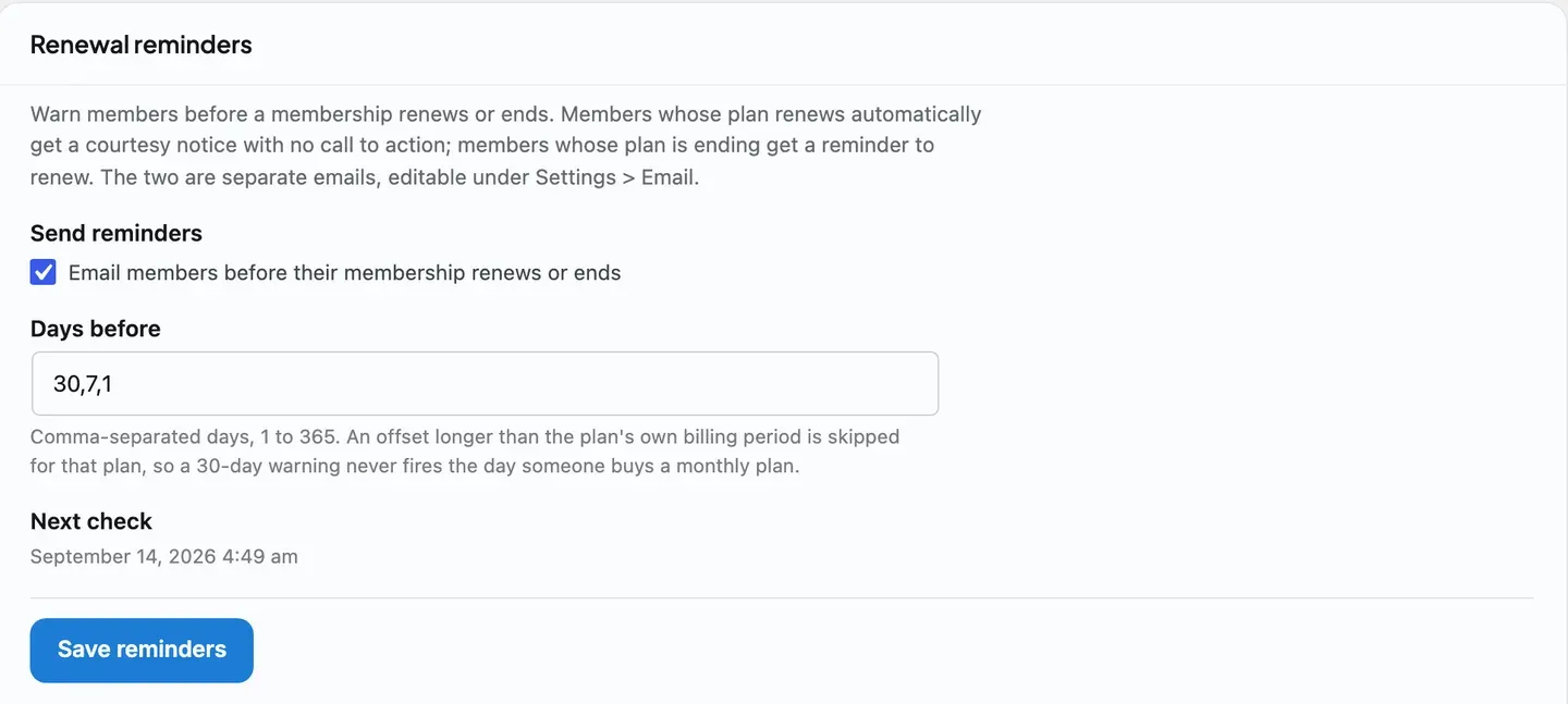 The Renewal reminders settings - the send toggle and the comma-separated “days before” offsets that decide when each reminder fires