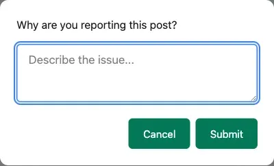 Member reporting a post: the … menu Report action and the “Why are you reporting this post?” reason prompt