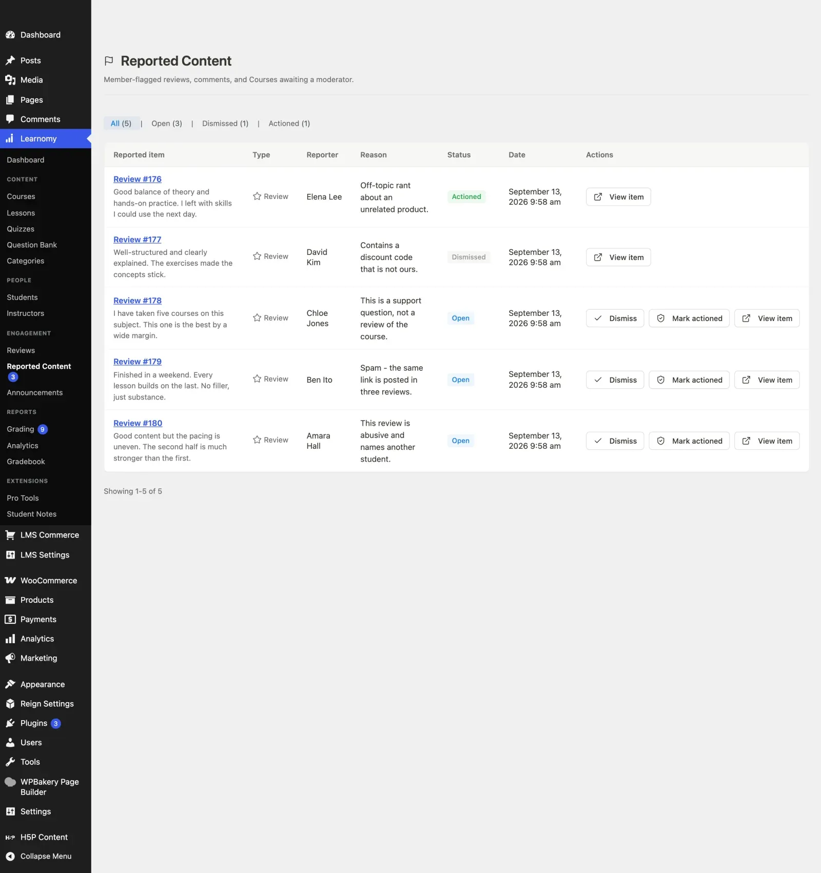 The Reported Content queue with its status tabs