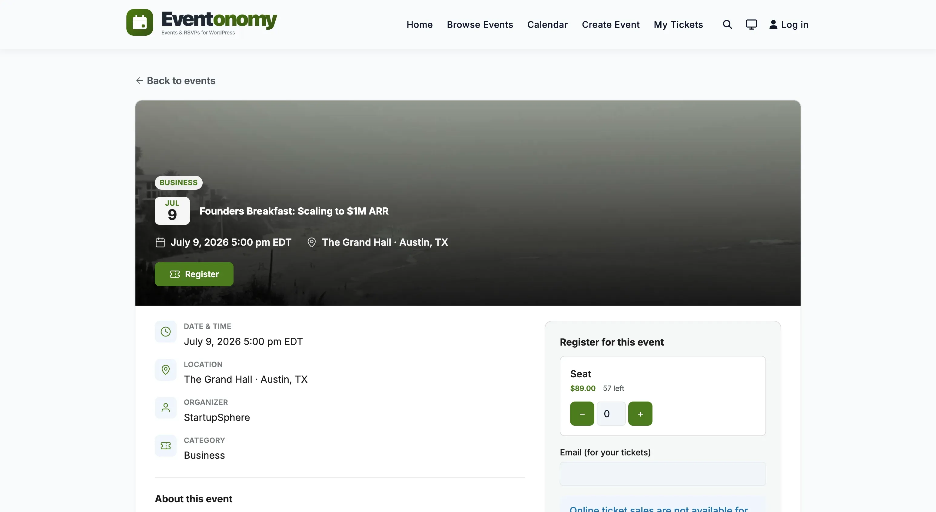RSVP block on a single-event page showing the going/maybe/no buttons