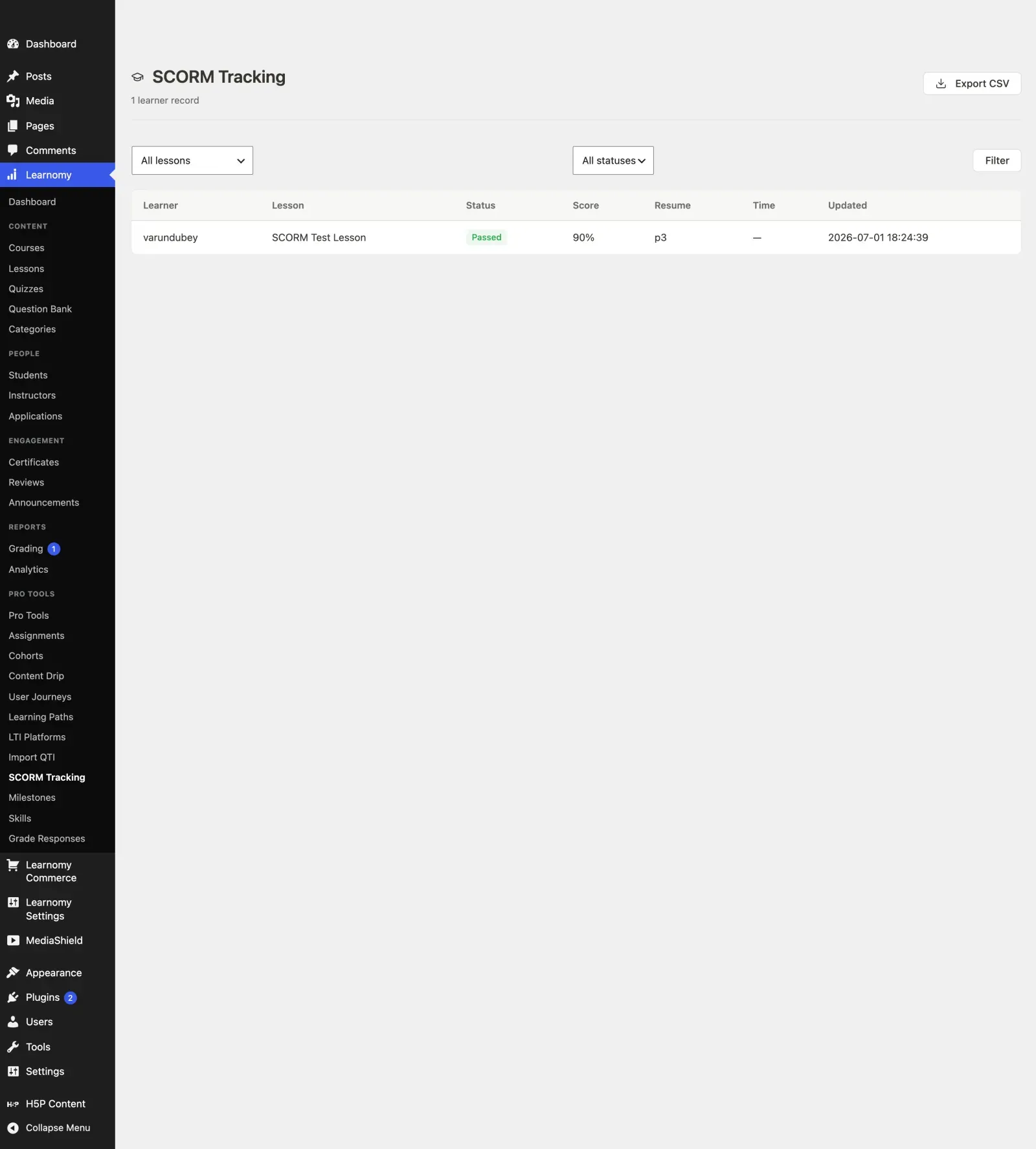 SCORM package playing as a lesson with the wp-admin tracking report