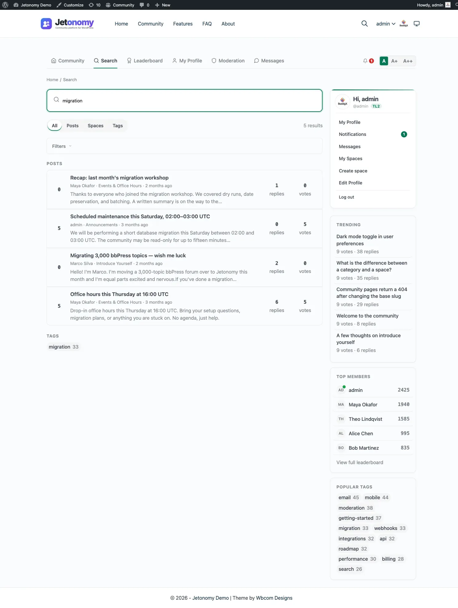 Search page with the Filters disclosure expanded, showing the Date from, Date to, Author, Tag, and Sort order controls