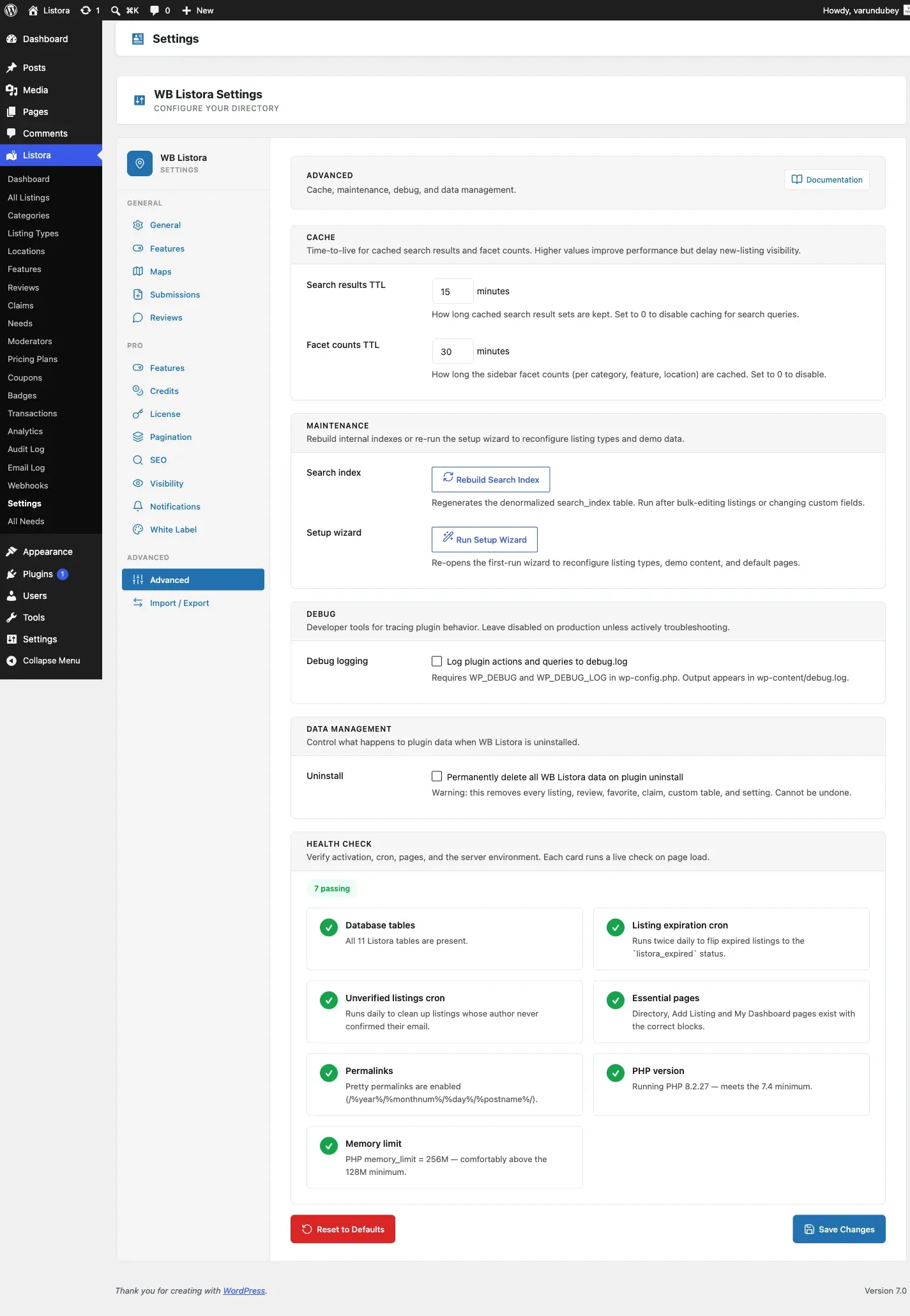Advanced Settings - Cache, Maintenance, Debug, Data Management, Health Check sections