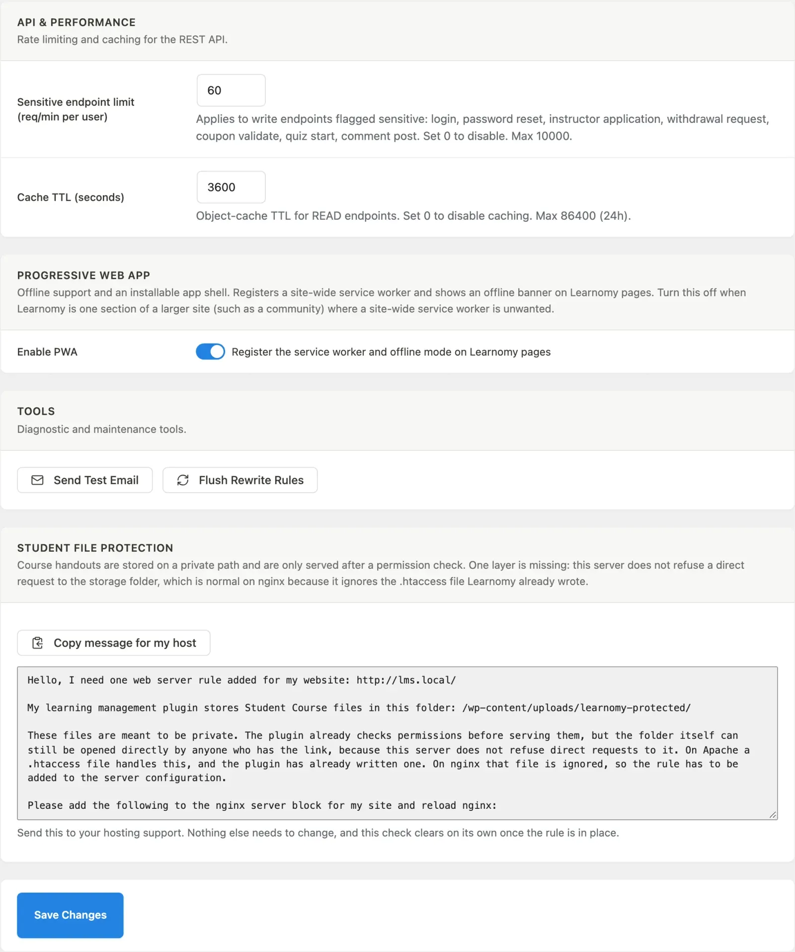 API and Performance section