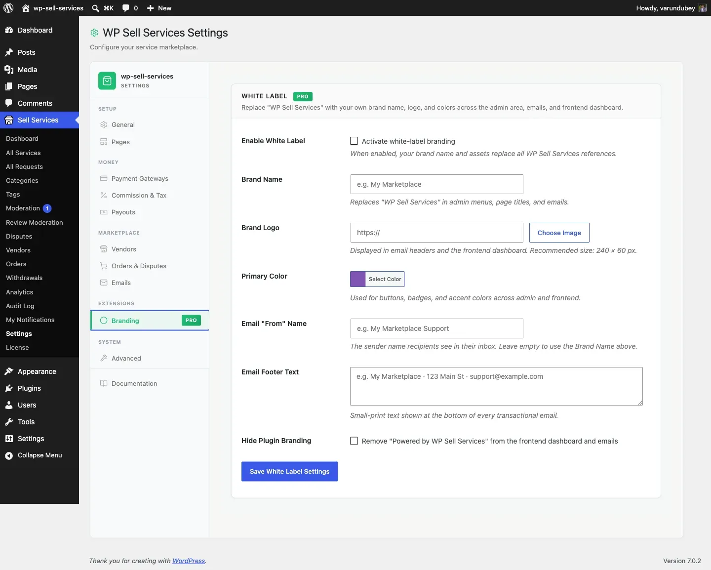 White Label settings on the Branding tab