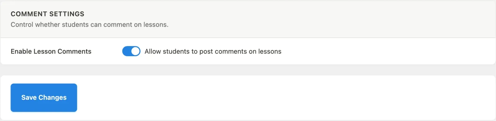 Courses section, including the lesson-comments toggle
